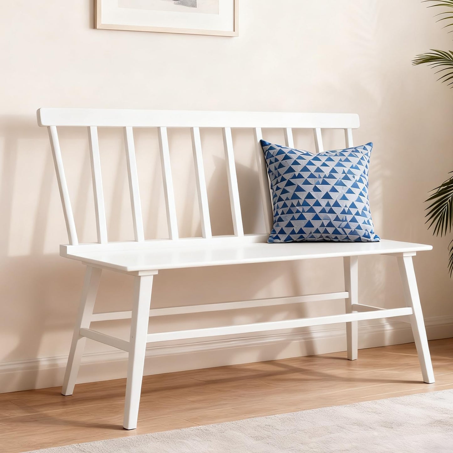 Wisuce Essentials Bamboo Dining Bench, Entryway Bench with Spindle Back Farmhouse Wood Windsor for Foyer Balcony Living Room (White)