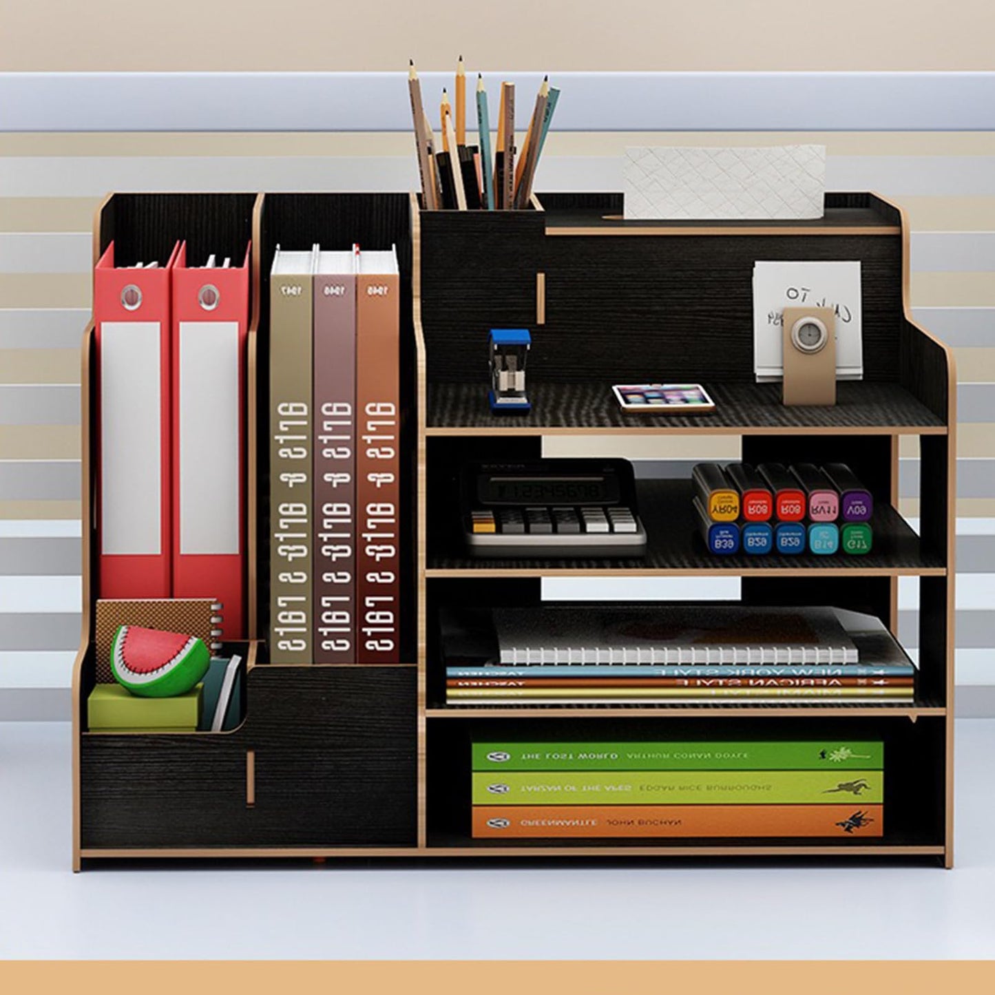 Zyners Bamboo Desk Organizer, Desktop Wood Bookshelf File Organizer, Pen Holder and Tissue Holder, 1 Drawer with lock for Office, Home, Need to Install (Light black)