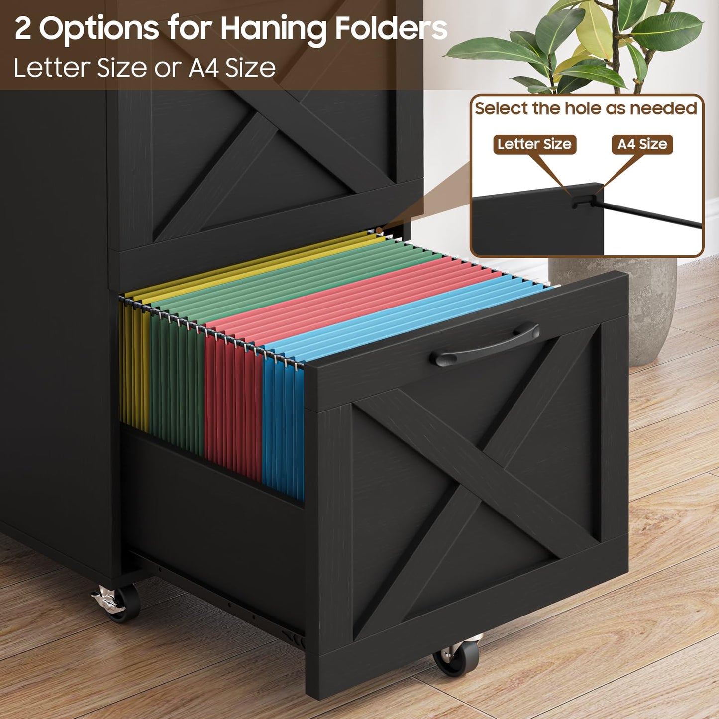Halitaa 2 Drawer Small File Cabinet with Wheels, Farmhouse Vertical Filing Cabinet Fits A4 or Letter Size, Under Desk Rolling File Cabinets for Home Office, Wooden Printer Stand, Black
