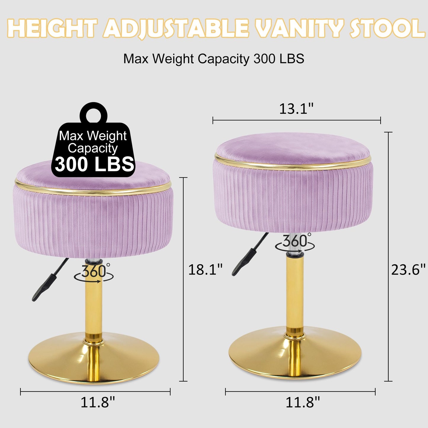 MRITWAII Adjustable Vanity Stool with Storage, 360° Swivel Makeup Stool Chair Small Velvet Round Ottoman with Gold Base for Bedroom (Purple)