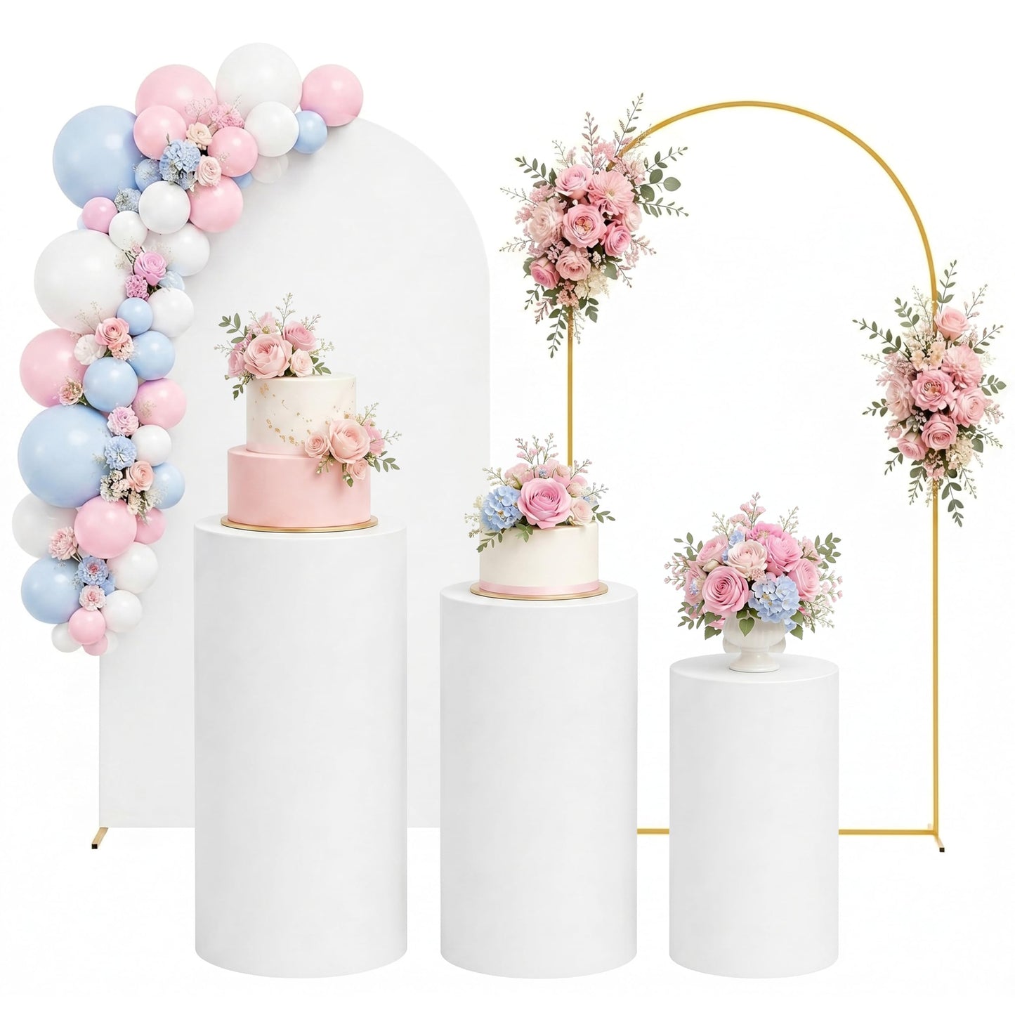 ArtSocket White Cylinder Pedestal Stand Covers Set of 3, 7.2FT Arch Backdrop Stand and White Arch Cover Set, Elastic Spandex Cloth Plinth Pillar Cover for Wedding Birthday Parties Event Decor Props