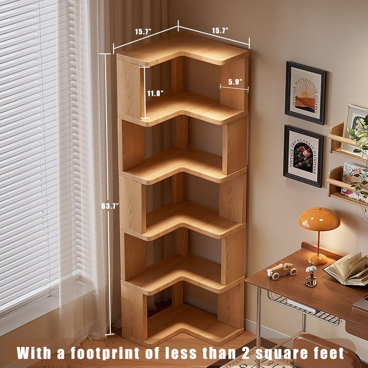 XIJIXILI 5-Tier Corner Bookshelf L-Shaped Wood Open Bookcase with Anti-Drop Panel, Space-Saving Storage for Living Room Bedroom Home Office