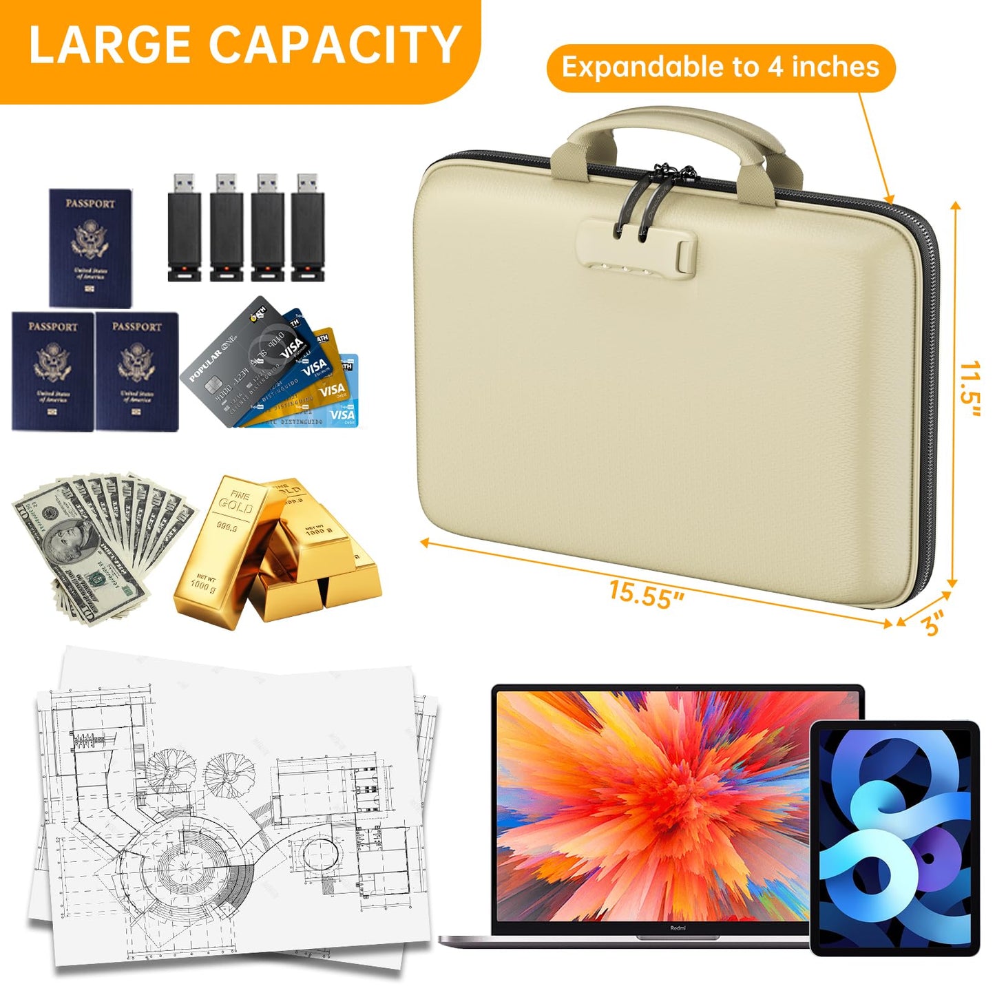 DocSafe Fireproof File Organizer with Lock, Hard-Shell Case Fireproof Document Box with 13 Pocket Accordion File Folder, Portable Home Office Travel Safe Storage for Important Documents Laptop Beige