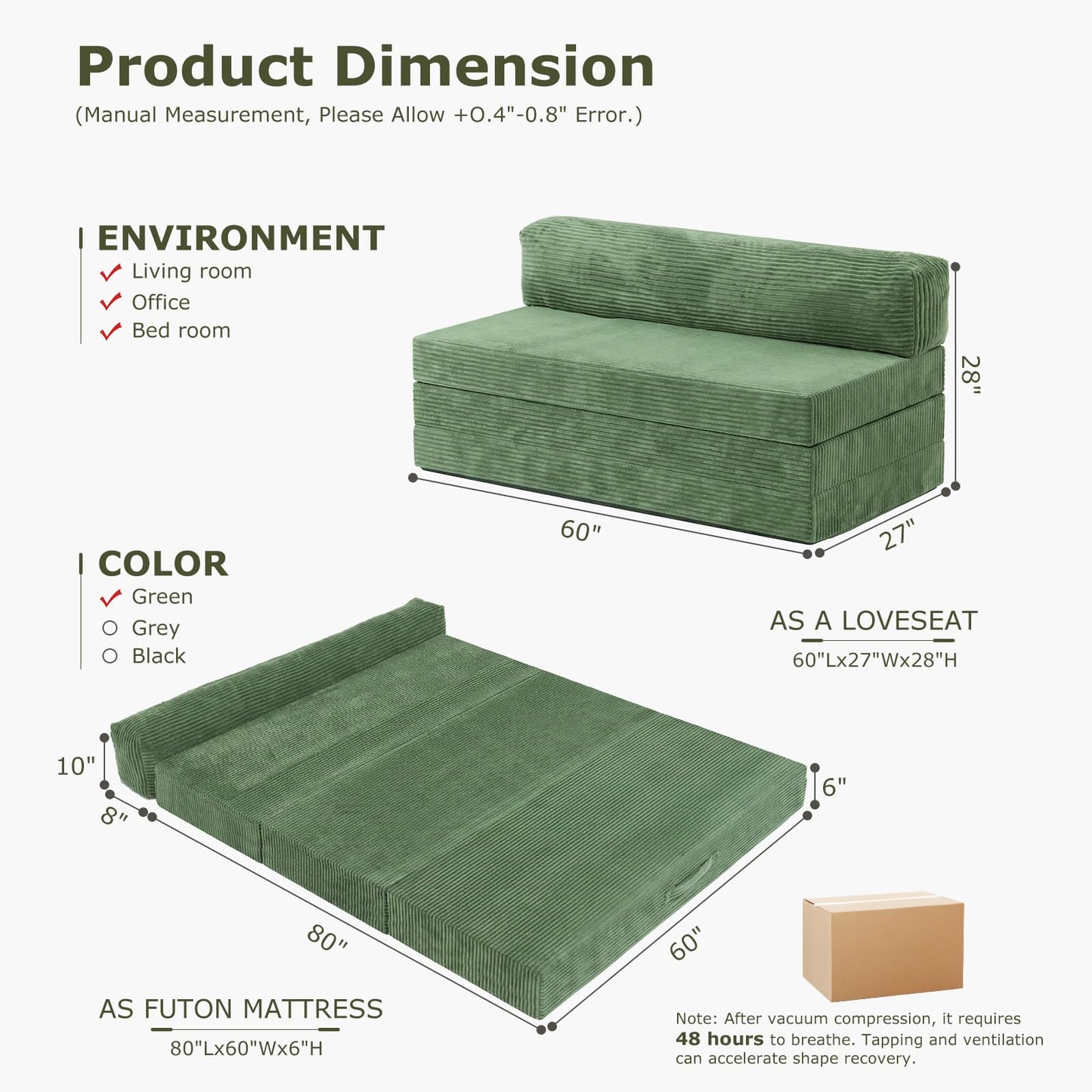 NLDD 5-in-1 Convertible Sofa Bed, Boneless Couch Loveseat with Removable Cushions & Washable Cover, Futon Sofa Bed with Handle, Pull Out Couch for Small Spaces, Queen Size, Green