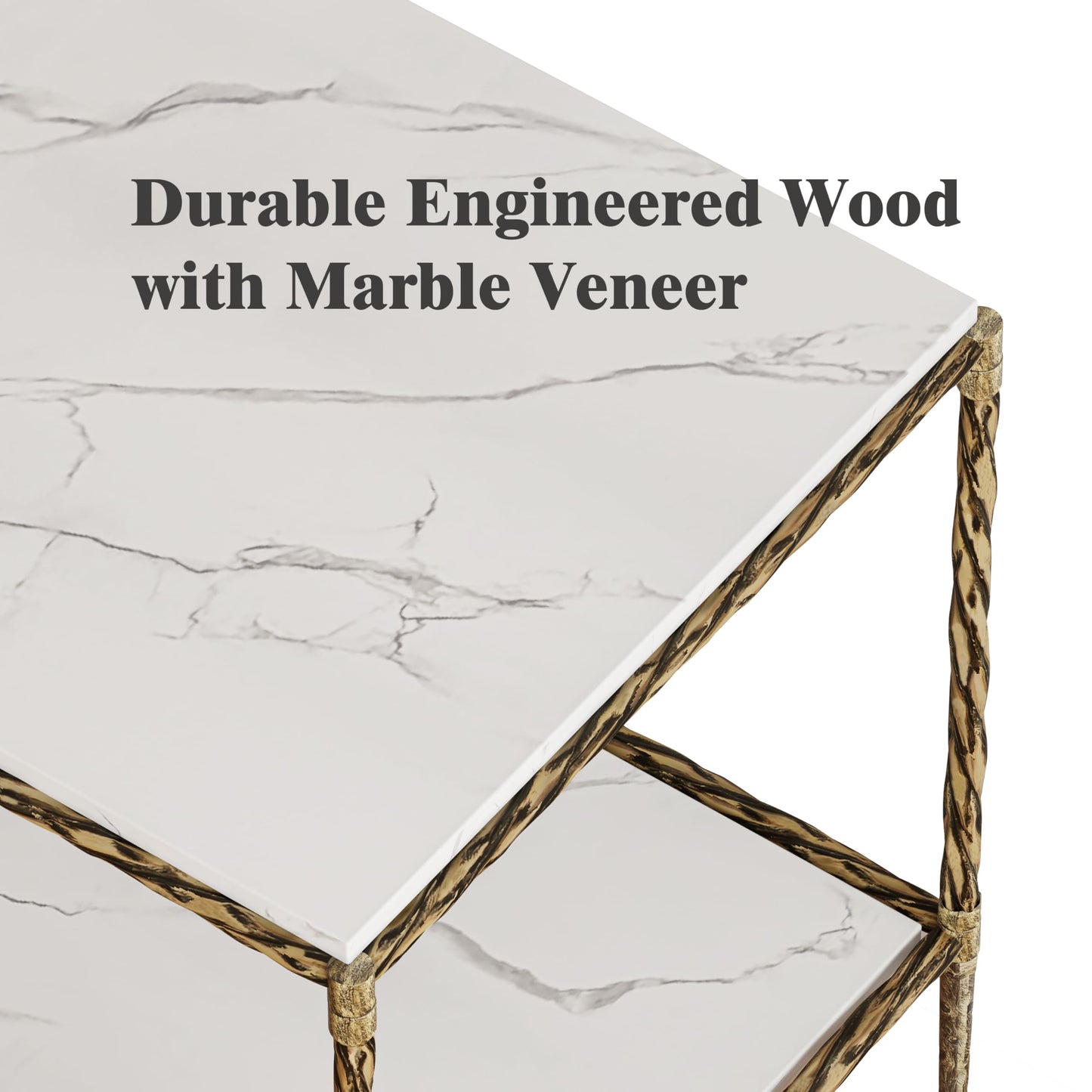 FormaCraft Antique Square End Table with a Marble-Effect Wooden Top, 20" Gold Side Table with 2-Tier Open Storage Shelves, Modern Square Accent Table with Antique Brass Finish for Living Room, Bedroom