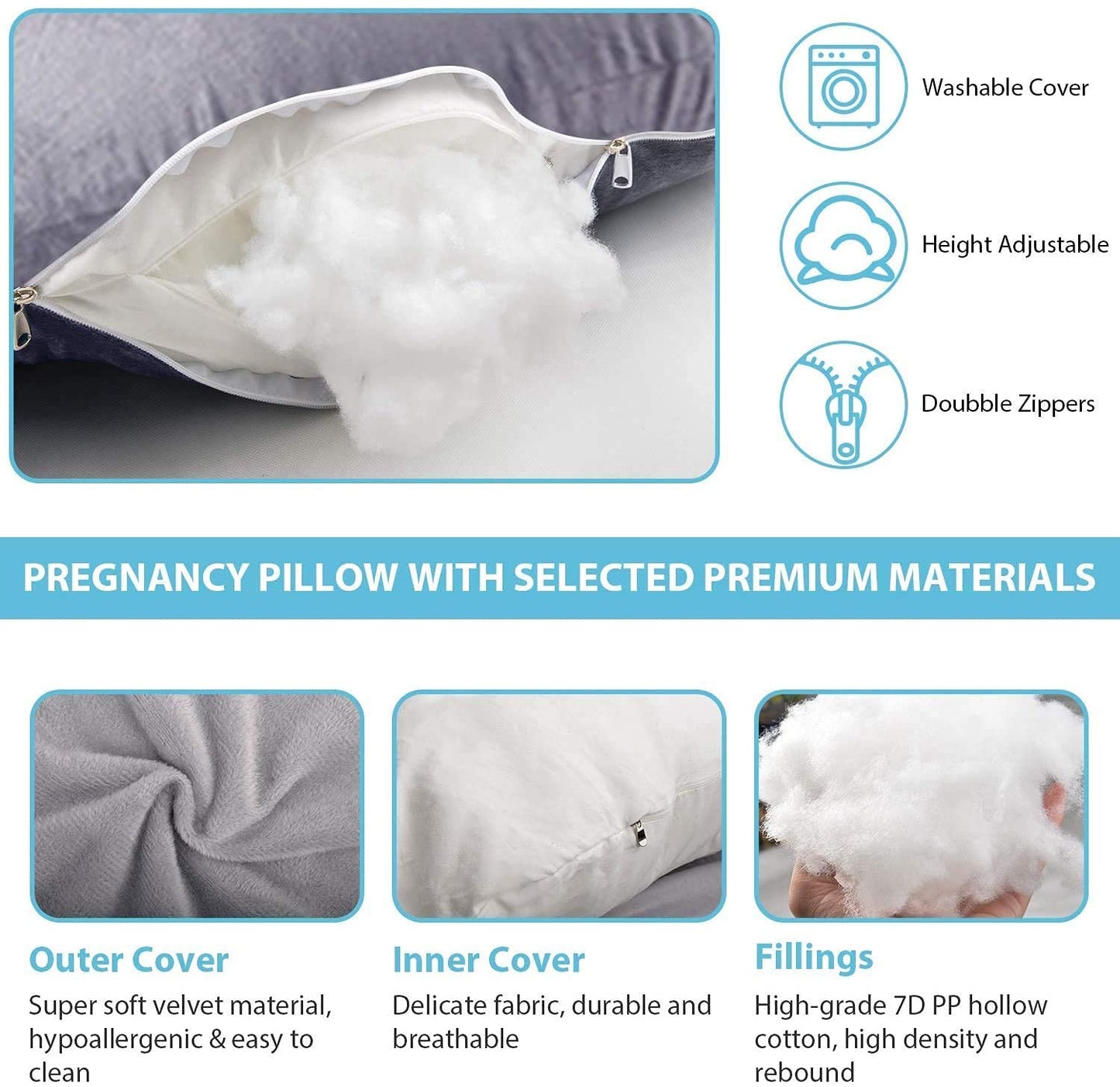 Jcickt Pregnancy Pillow for Sleeping,59 inch J/U-Shaped Maternity Pillow with Removable Washable Cover, Side-Sleeping Pregnant Body Pillow-Support for Backs,Legs, Belly, HIPS, Improve Sleep-Blue Grey