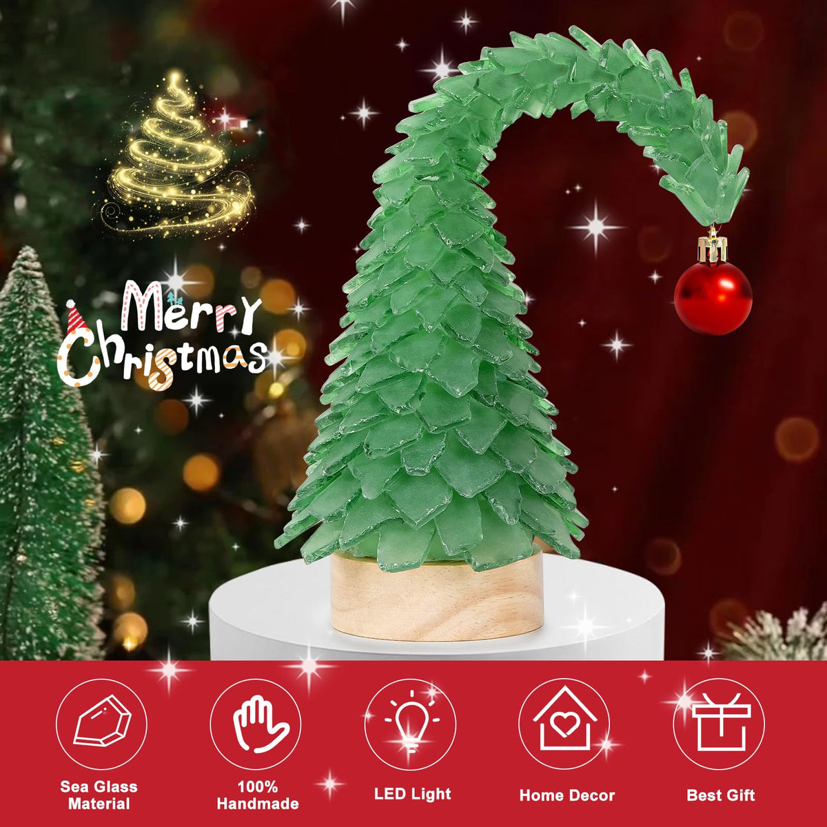 Crooked Sea Glass Christmas Tree with LED Lights - Handcrafted Whimsical Mini Green Christmas Tree, Ideal for Christmas, New Year, Coastal Holiday Decor & Gifts, Versatile Home Decor