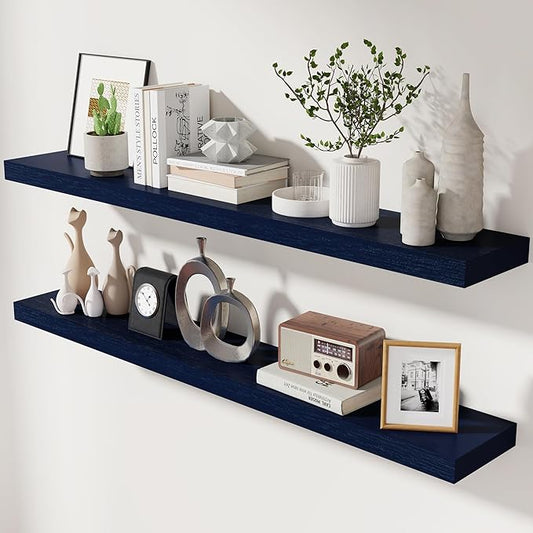 fuqing Dark Blue Floating Shelves 48 Inch, Solid Wooden Wall Shelves Set of 2