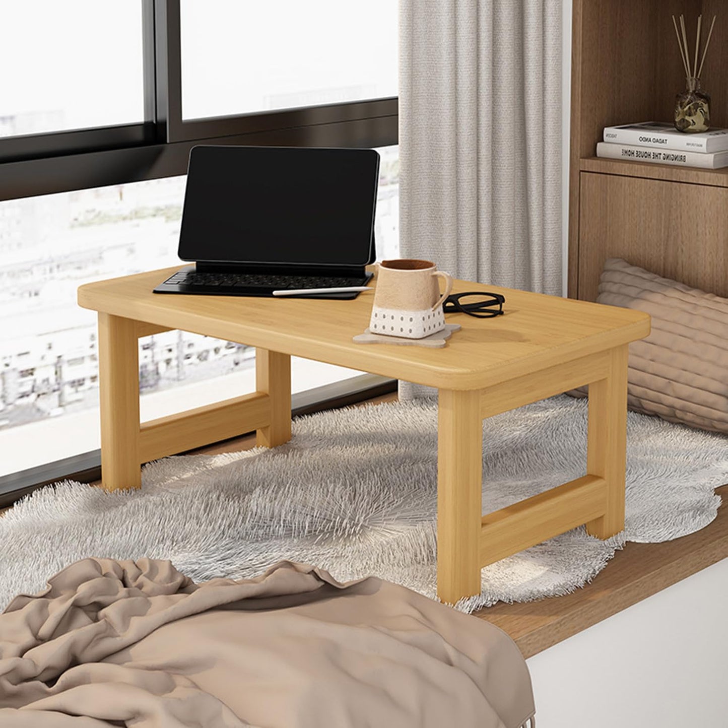 GLDGJMZ Foldable Tatami Coffee Table Japanese Style Floor Table with Folding Legs Antique Coffee Table Multifunctional Low Table Zen Coffee Table Living Room Bedroom Office