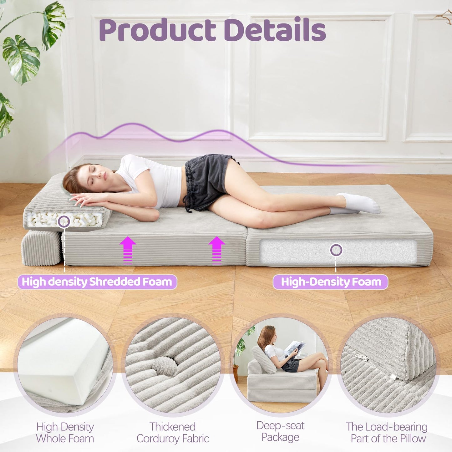 PIASHJOY Folding Sofa Bed Chair, Sleeper Chair with Pillows,Boneless Couch Sectional with High-Density Foam, Corduroy Fabric Couch,Foldable 3 in1 Mattresst for Small Space,Single, Silver Gray