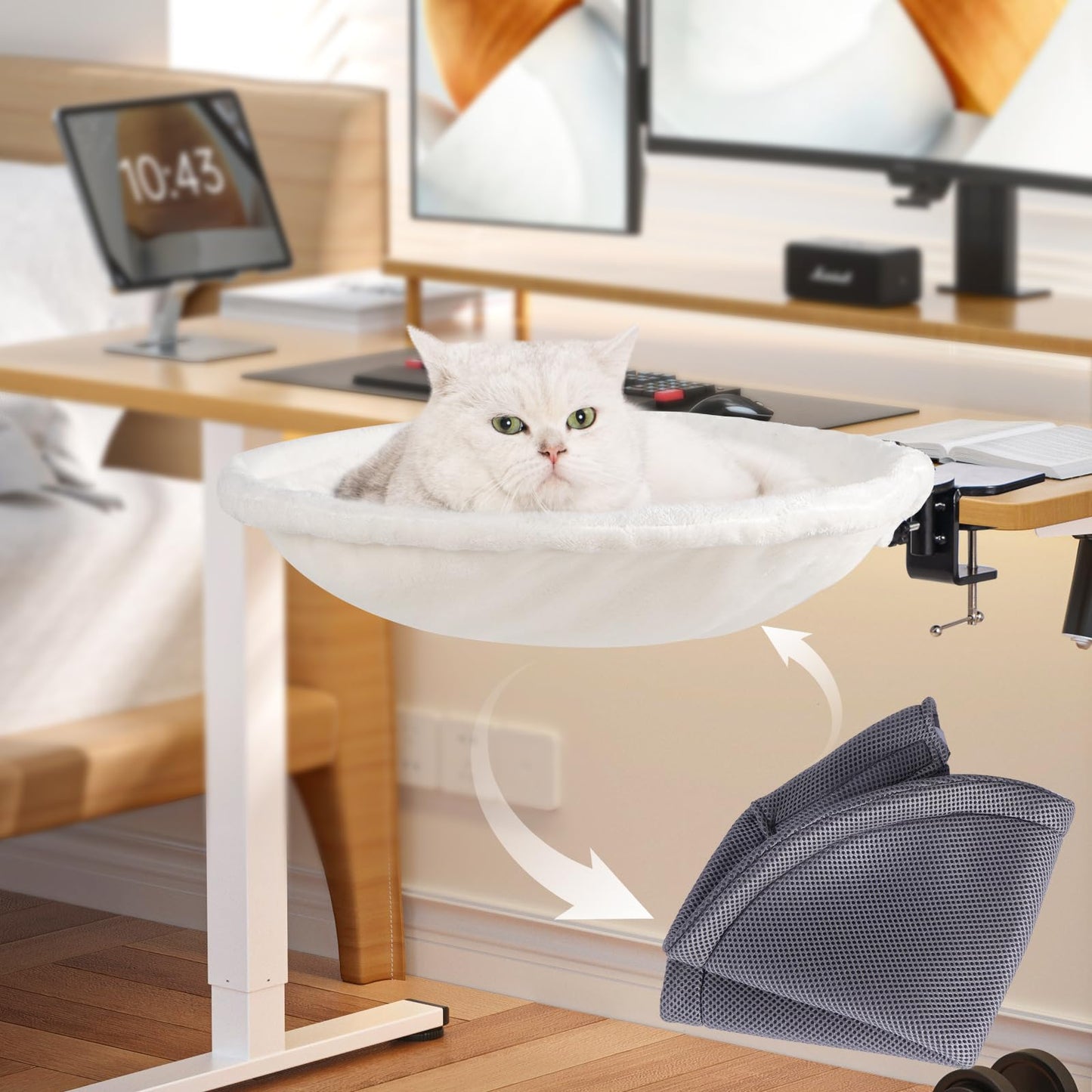 Uross Cat Desk Bed - 180° Rotating Soft & Comfortable Rabbit Fur Bed, Modern Indoor Cat Nest Furniture for Office Desks and Game Tables, Island Table-Supports 50 lbs-(Beige)
