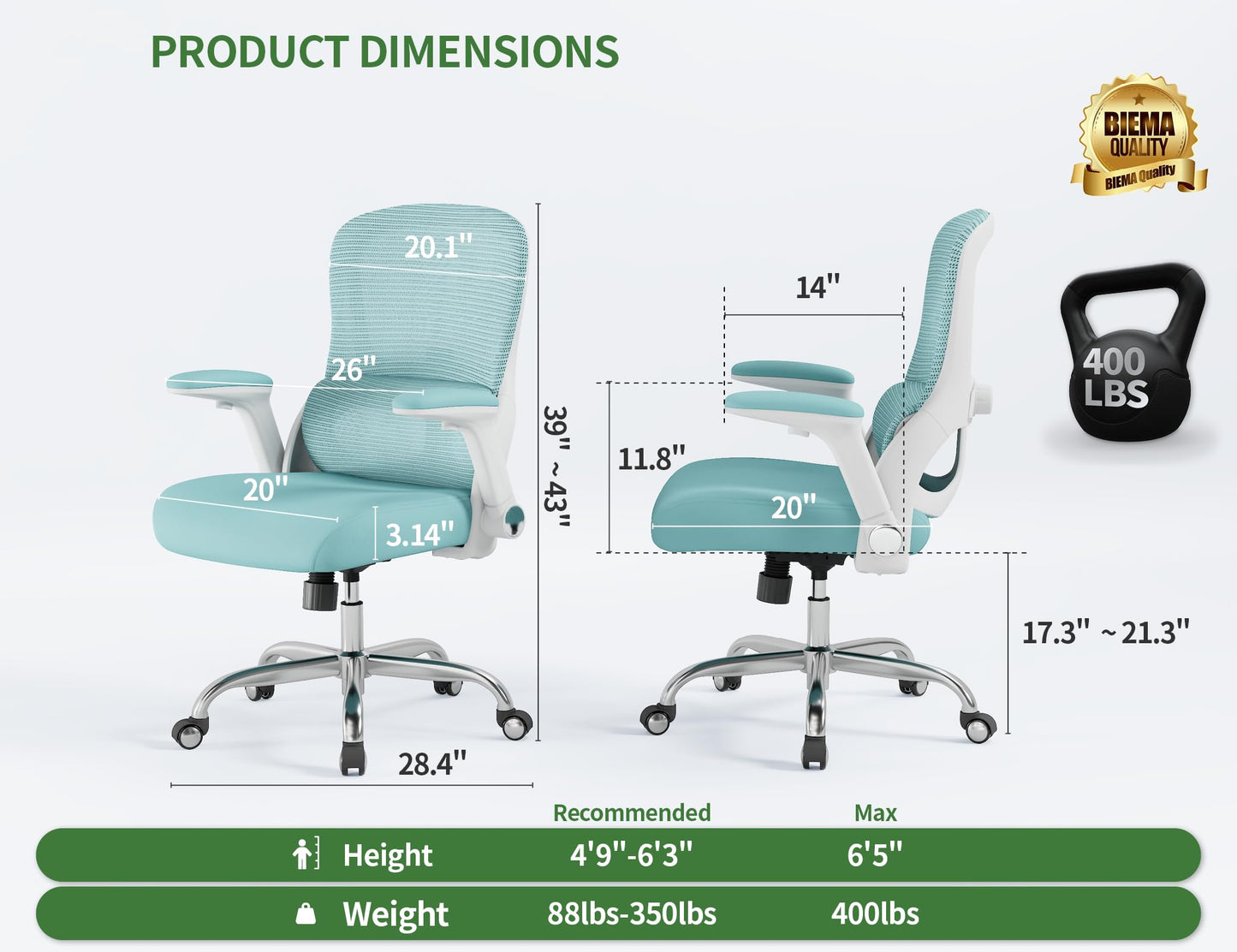 Veratric Office Chair - Ergonomic Desk Chair with Adjustable Lumbar Support, Mesh Computer Chair, Executive Office Chairs for Adults, Wide Seat Office Chair Back Support for Tall Men (Blue)