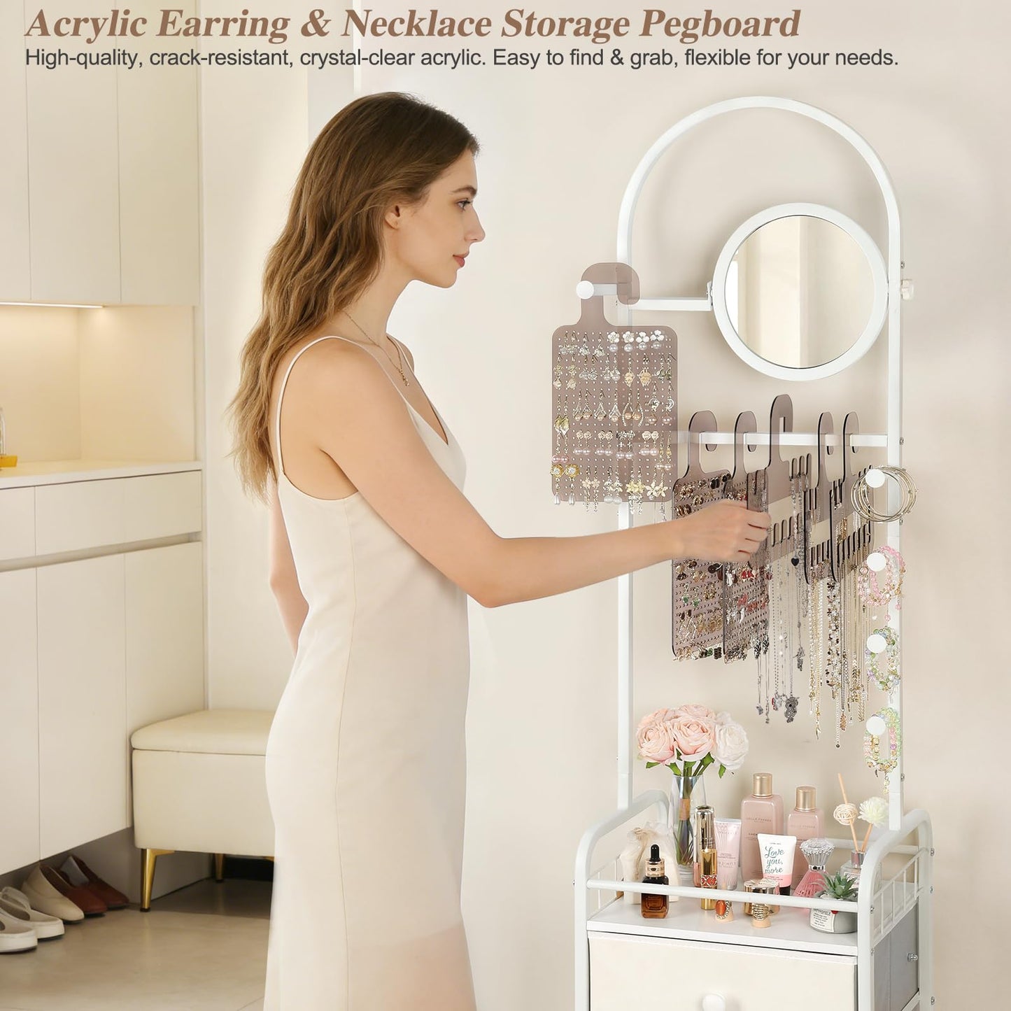 Keebofly Floor Jewelry Organizer with Adjustable Mirror, 67.52" Tall Jewelry Display Stand with 6 Acrylic Earring Necklace Pegboards, Mobile Jewelry Tower with Large Storage Drawer for Women