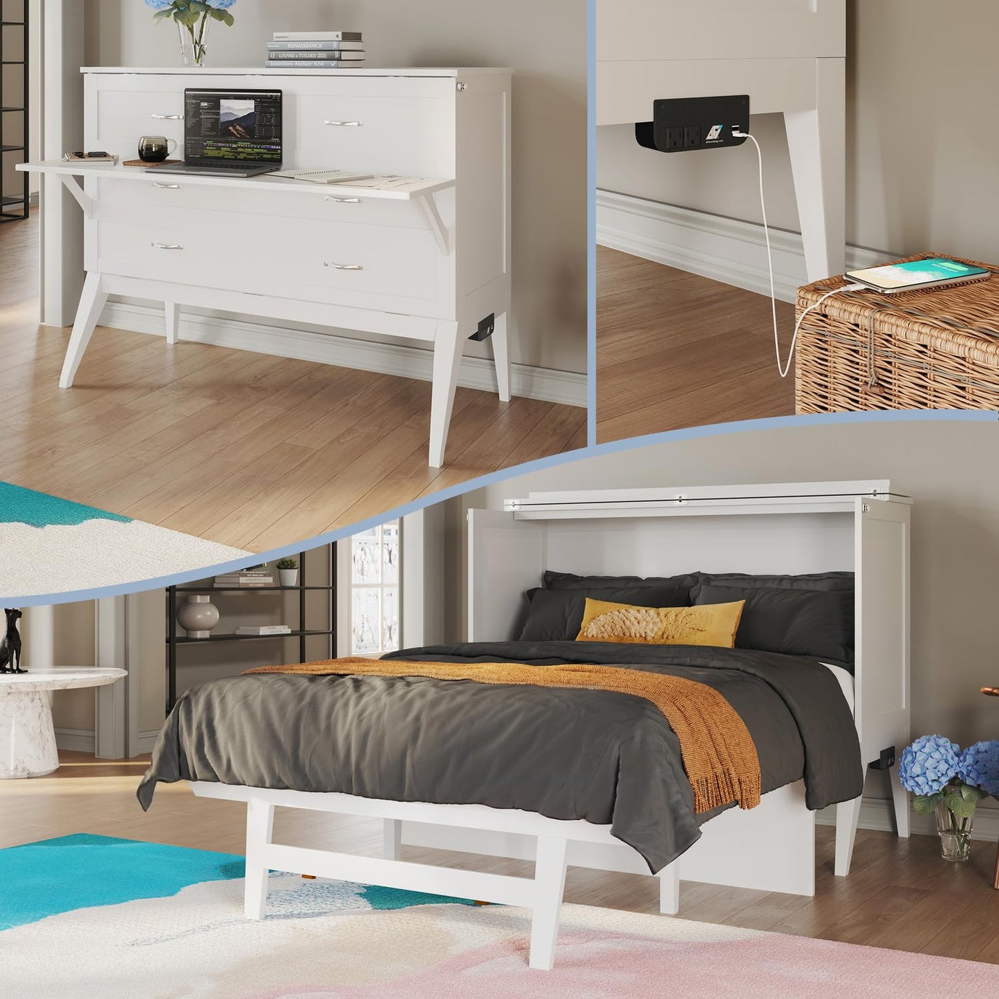 Maykoosh Full Murphy Bed Desk with 6" Mattress & Built in Charger in White