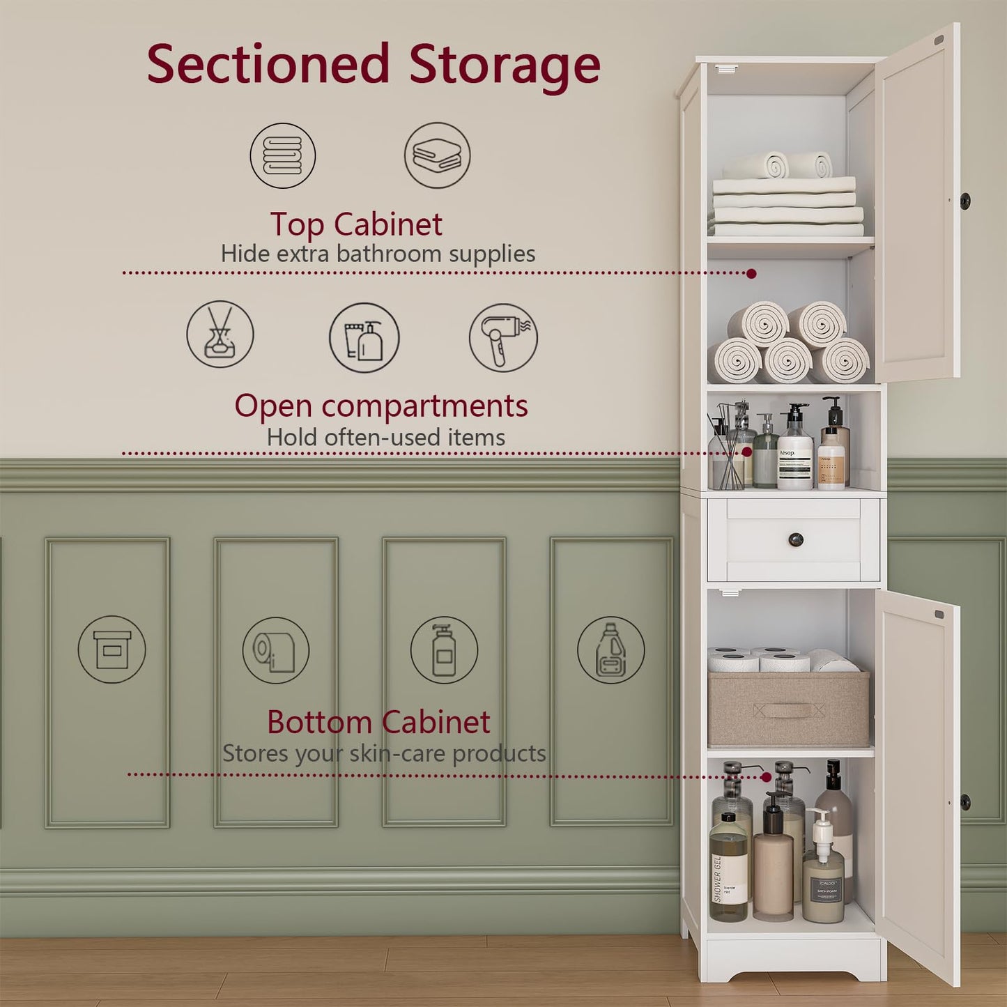 Hogxp Tall Bathroom Cabinet,Storage Cabinet with 5 Shelves & 1 Drawer, with Adjustable Shelve, for Bathroom, Kitchen, Entryway, Living Room(White)
