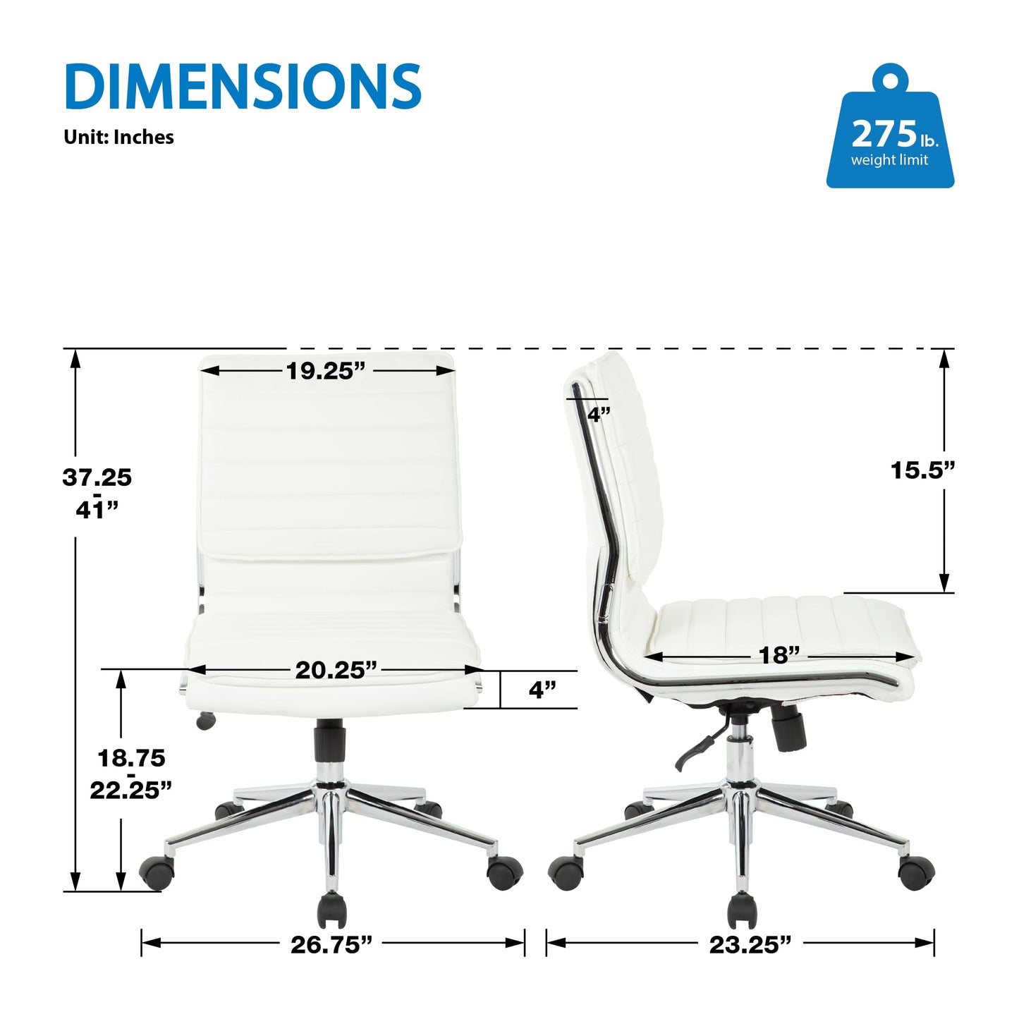 Office Star SPX Professional Ergonomic Ribbed Faux Leather Office Chair with Chrome Base, Mid Back Manager's Chair Without Arms, White