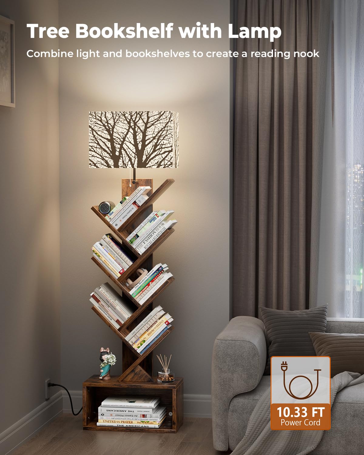 Evermagin Tree Bookshelf with Light, 6 Tier Small Bookcase, Narrow Floor Standing Book Tower Organizer with Storage Cabinet for Living Room, Bedroom and Home Office, Rustic Brown