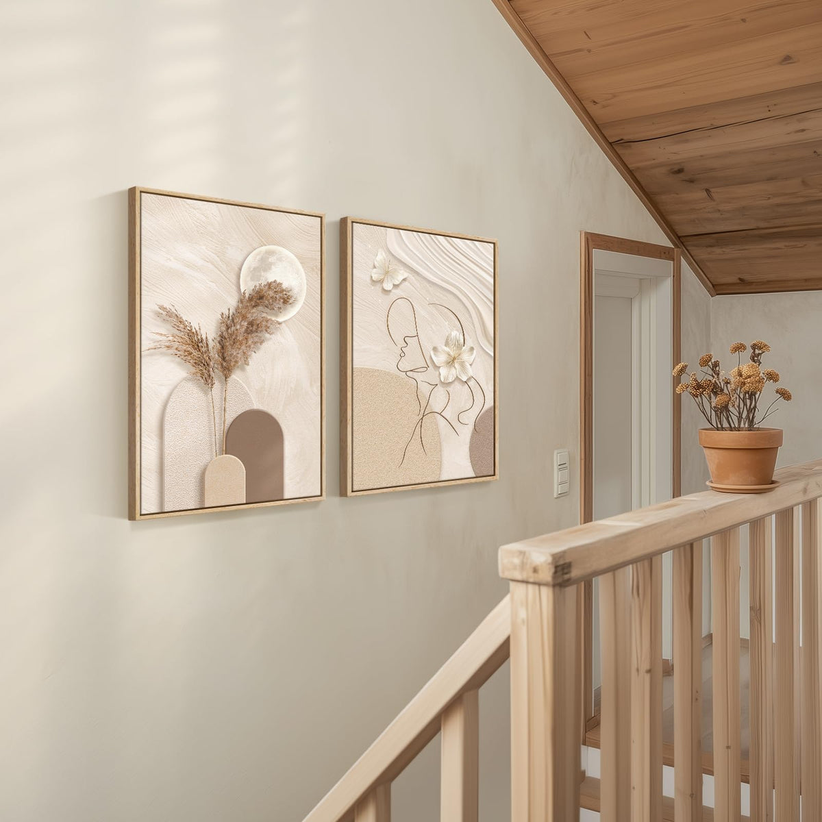 Large Framed Neutral Abstract Wall Art for Living Room, Set of 2 Modern Warm Beige and Taupe Canvas Artwork for Walls, Woman Silhouette Paintings Prints Wall Decor for Bedroom Home Office, 20x30 Inch
