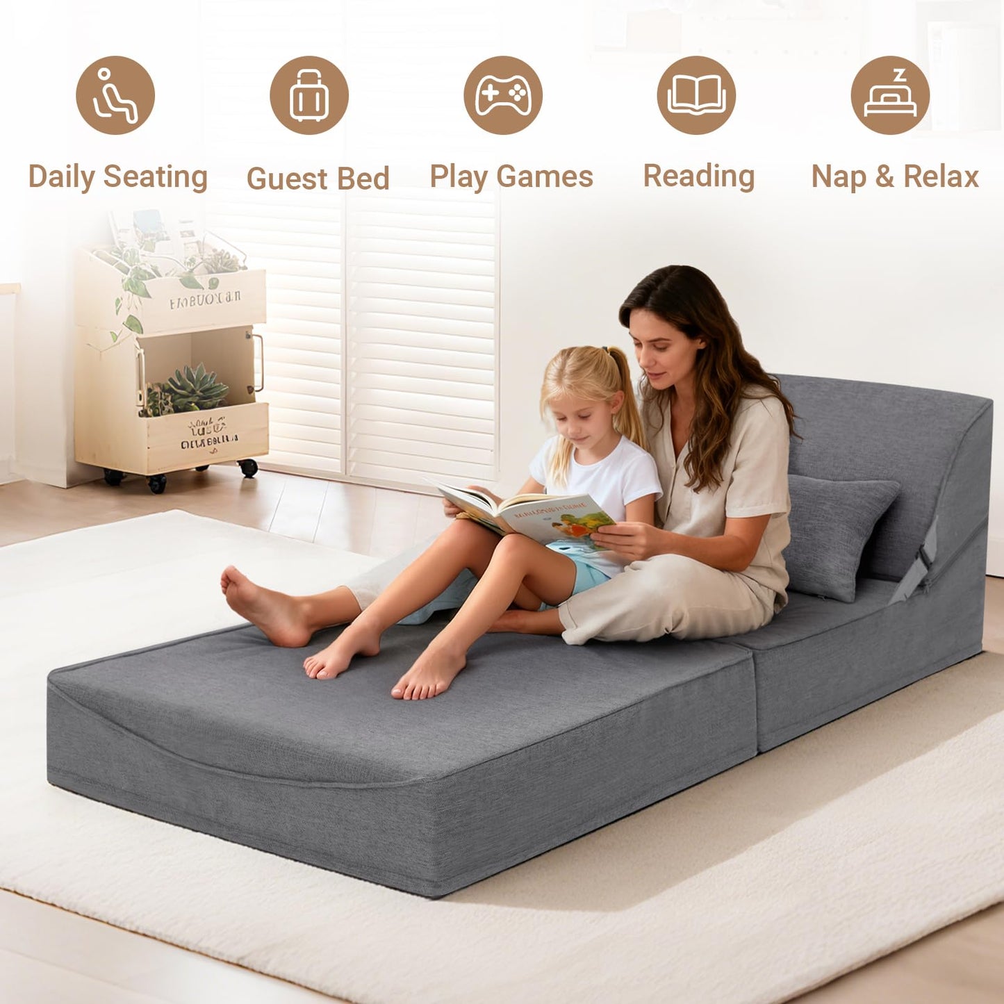 BeBen Folding Sofa Bed Chair, Convertible Sleeper Chair Futon Couch, Foldable Boneless Floor Lounge Sofa, Single Foam Chair Bed for Small Spaces, Dorm, Guest Room, Living Room, Apartment, Dark Grey