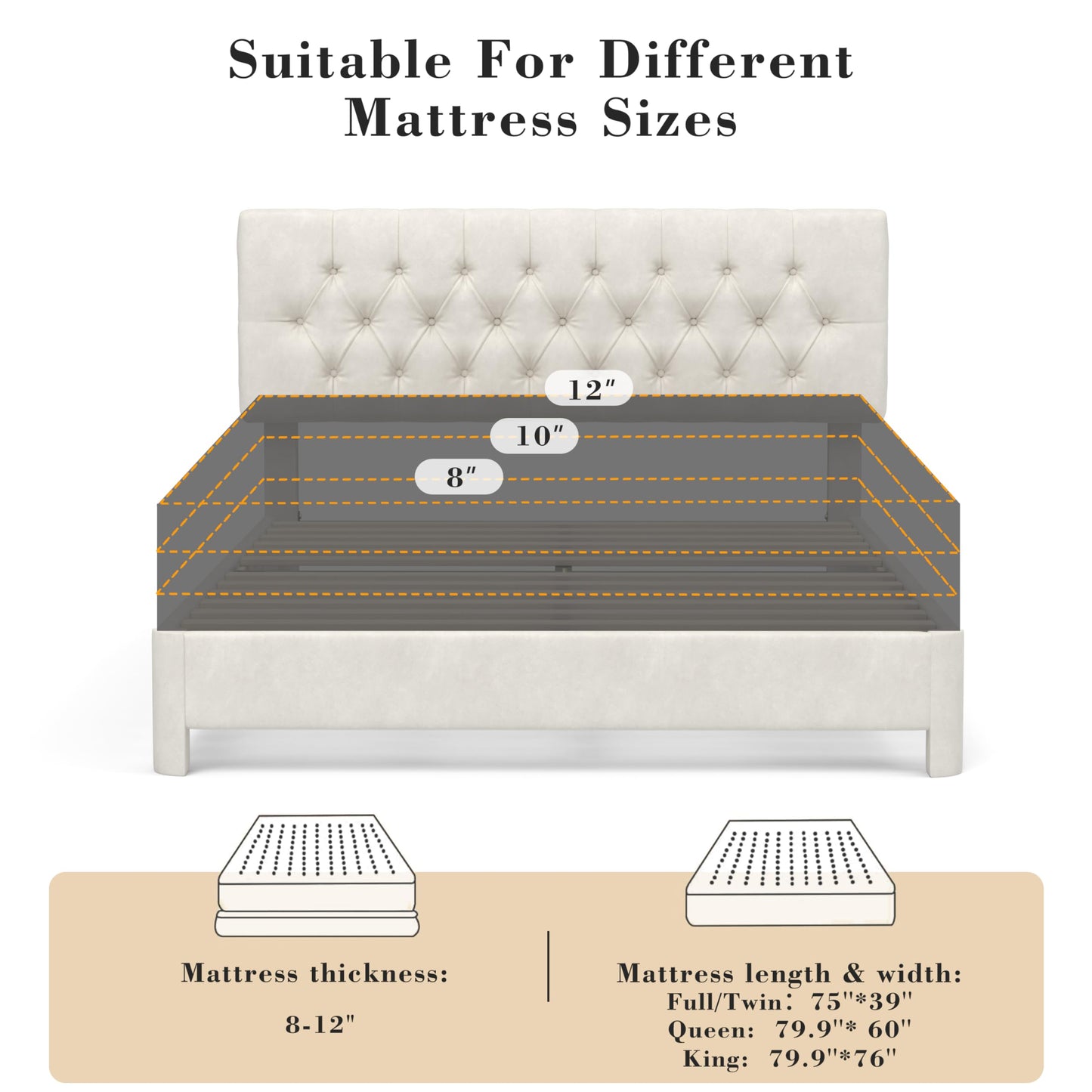 Queen Size Bed Frame with Headboard, Luxury Velvet Fabric Upholstered Bed frame with Button Tufted Design, Strong Wooden Slats Support - Low & Sturdy, Noise-Free, No Box Spring, Easy Assembly, Beige