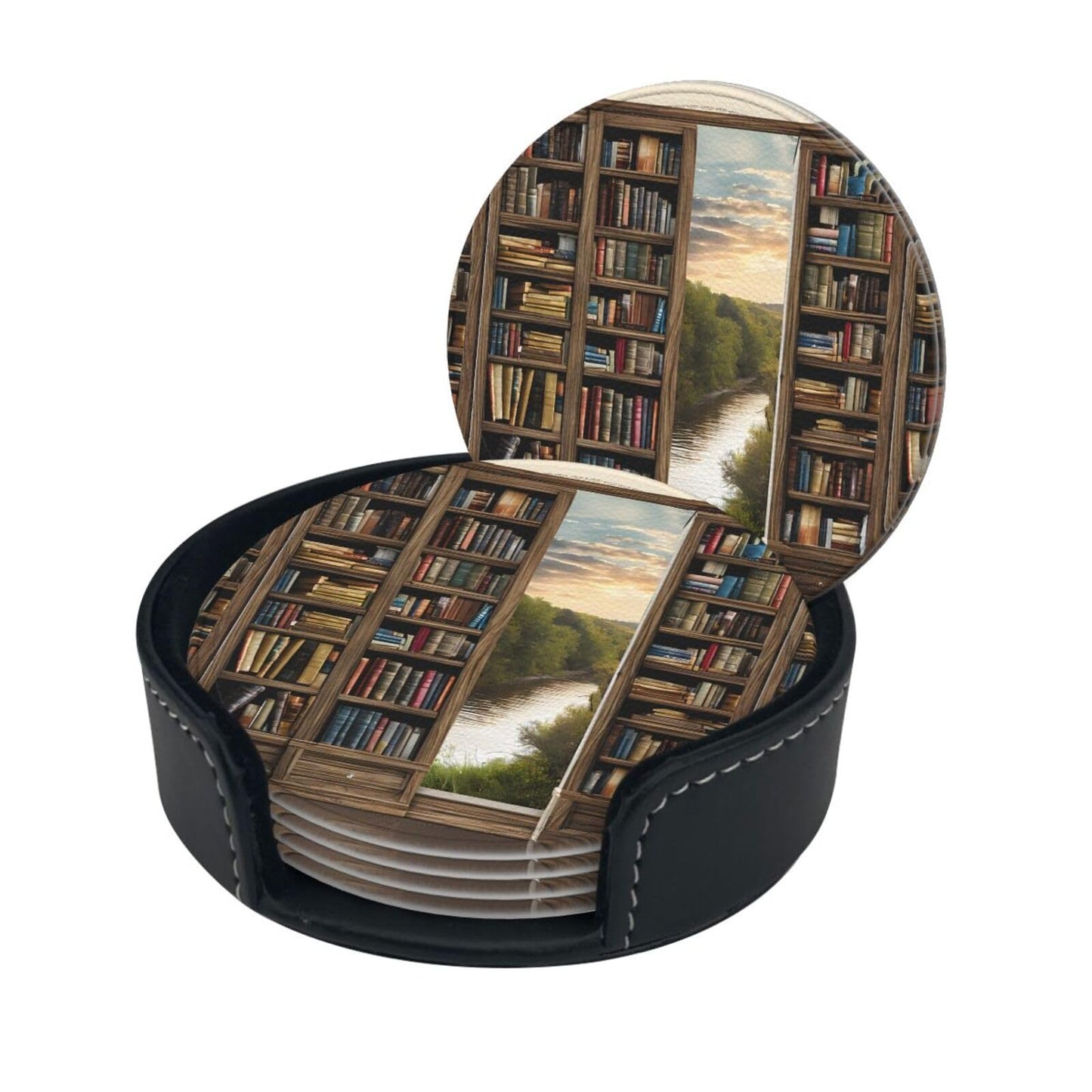 Set of 6 (Library Bookshelf Book Print) Printed Leather Coasters with Holder, Table Decor to Protect Furniture from Water Marks, Scratches and Damage, Wedding Favors and New Home Gift