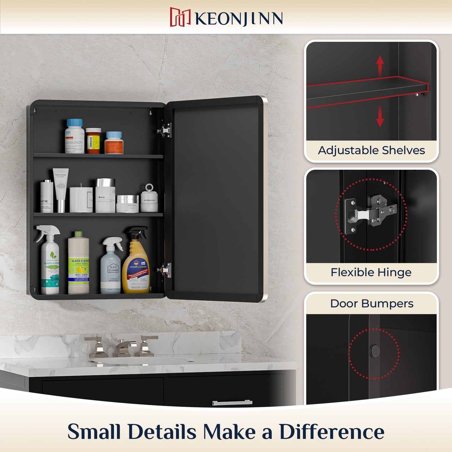 Keonjinn 20 x 26 Inch Brushed Nickel Recessed Medicine Cabinets, Bathroom Mirrored Medicine Cabinet, Brushed Nickel Stainless Steel Framed, Adjustable Shelves, In Wall or Surface Mount, Sturdy, Modern