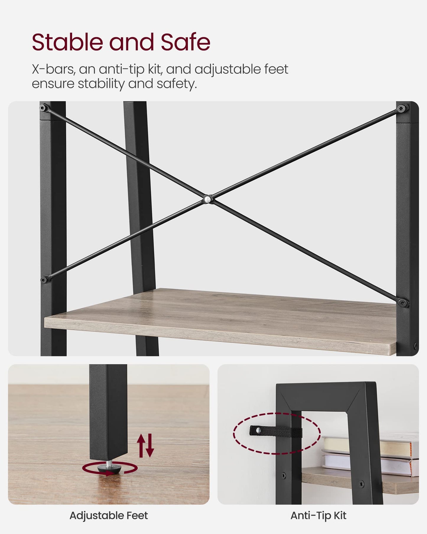 VASAGLE BARNET Collection - Ladder Shelf, Bookshelf, Storage Rack, Modern Bookcase for Living Room Home Office Kitchen, Steel Frame, 4-Tier, 22-Inch Wide, Heather Greige and Ink Black ULLS44MB