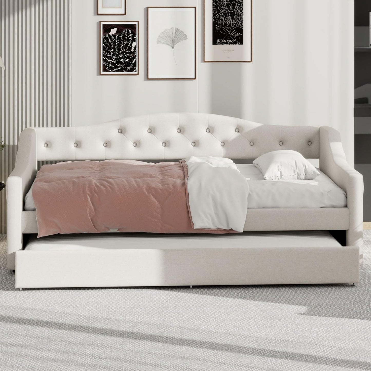 Merax Twin Size Linen Corner Daybed with Trundle and LED Belt, Upholstered Headboard Captain Bed Frames for Small Room, Bedroom, Guest Room, Kids' Room, White