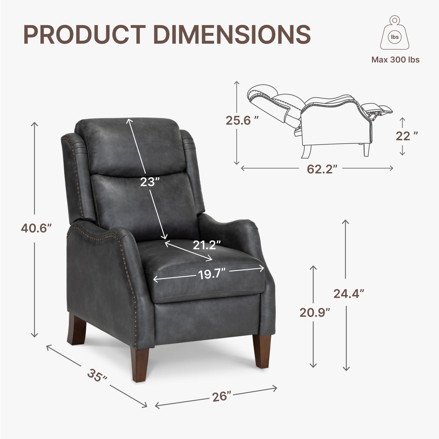 KISLOT Faux Leather Pushback Recliner Chair with Rivet Trim, Vintage Manual Accent Armchair, Single Sofa for Living Room Bedroom Office