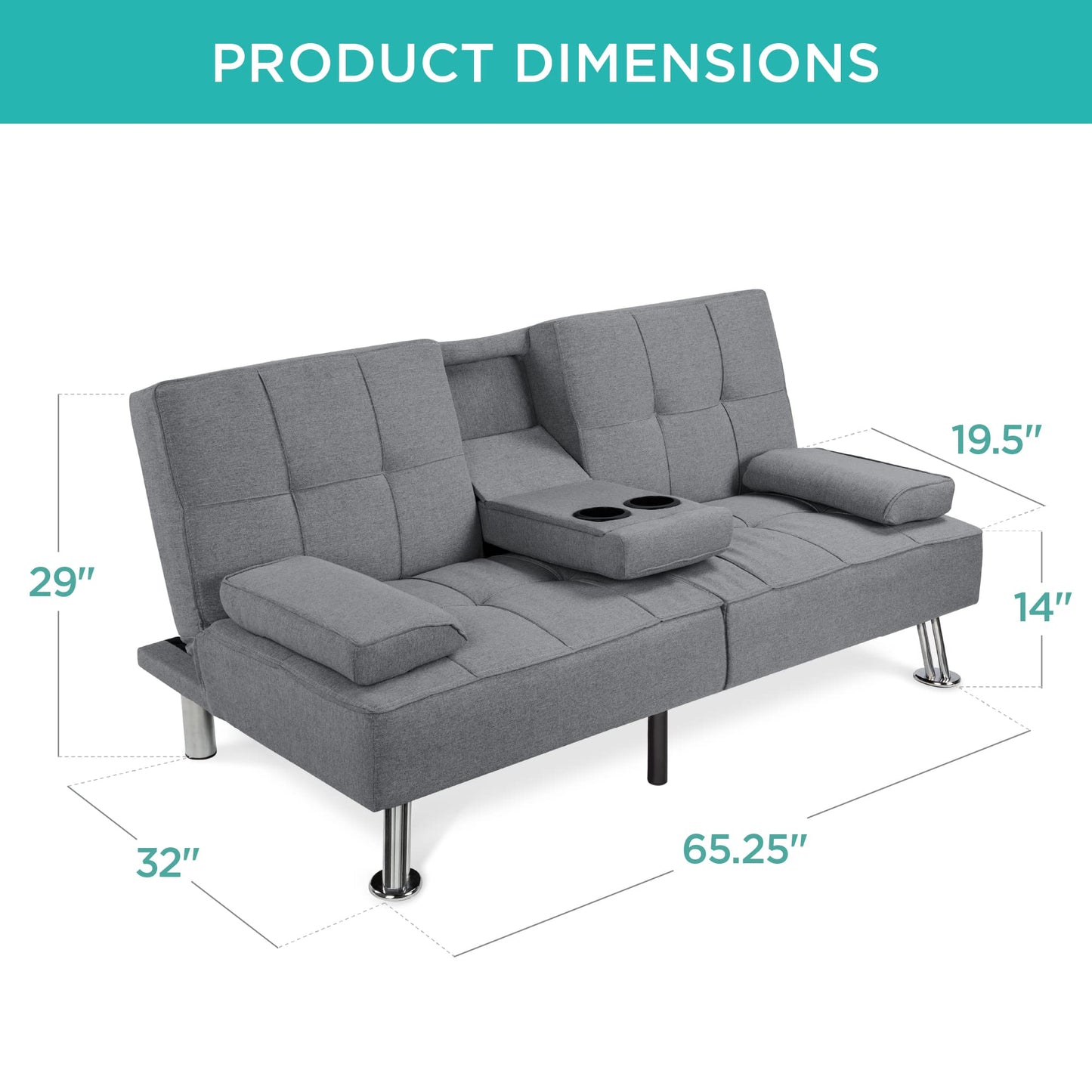 Best Choice Products Linen Modern Folding Futon, Reclining Sofa Bed for Apartment, Dorm w/Removable Armrests, 2 Cupholders - Gray