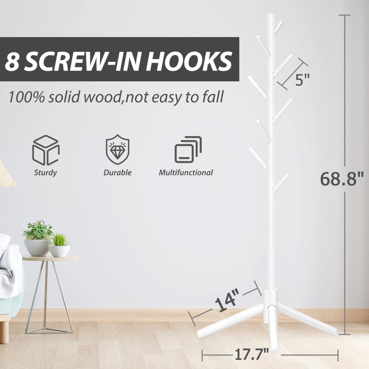 Unisakey Durable Wooden Coat Rack, Freestanding Coat Rack with Stable Triangular Base, 8 Hooks & 3 Adjustable Heights, Simple Assembly for Bedroom, Hallway, Office(New White)