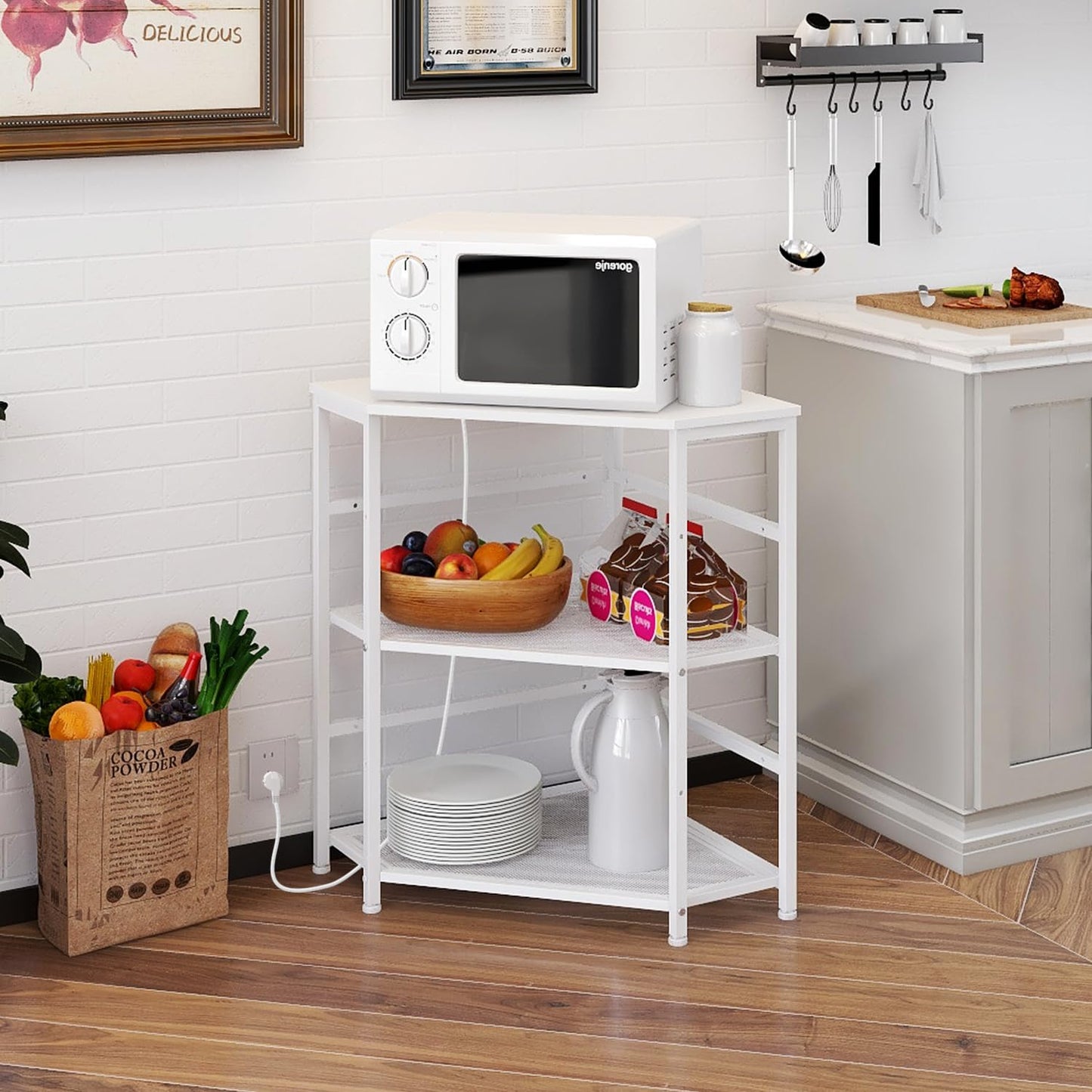 VEDECASA Corner Printer Stand Table with Power Outlet Charging Plugs USB Port Adjustable Storage Shelf Computer Tower CPU Stand Holder for Home Office (White)