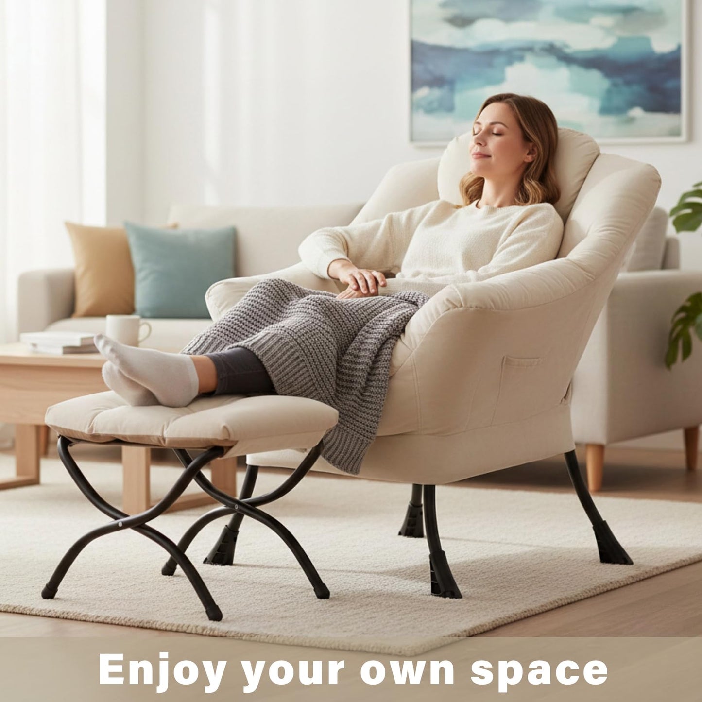 Givjoy Lazy Chair and Ottoman, Large Velvet Beige Accent Chair with a Side Pocket, Modern Leisure Upholstered Reading Armchair with Footrest for Office, Bedroom, Living Room, Dorm Rooms, Balcony