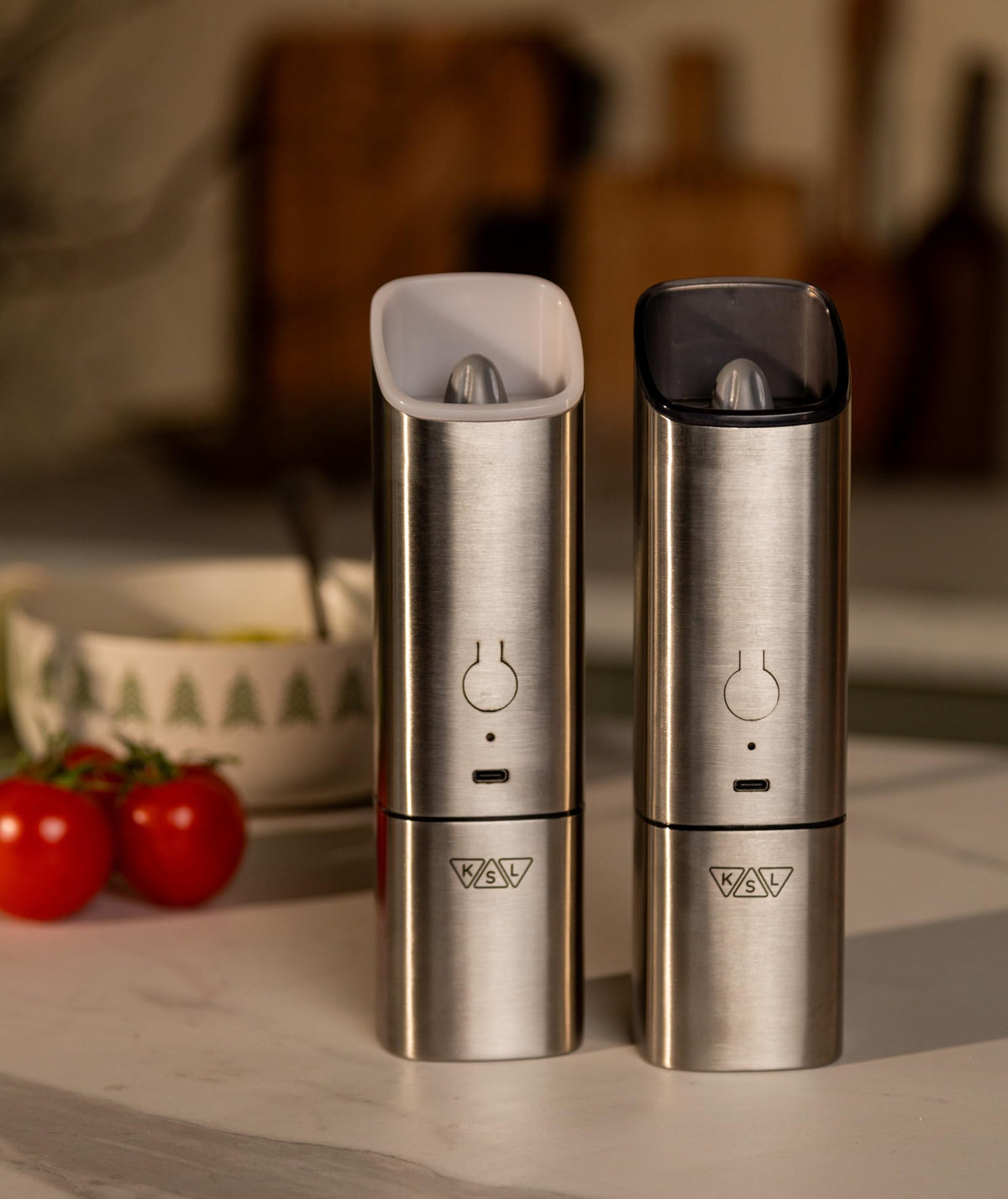 KSL Gravity Electric Salt and Pepper Grinder Set, USB Rechargeable, Automatic 1 Click Grinding 1 Hand Operated Adjustable Coarseness Pepper Mill