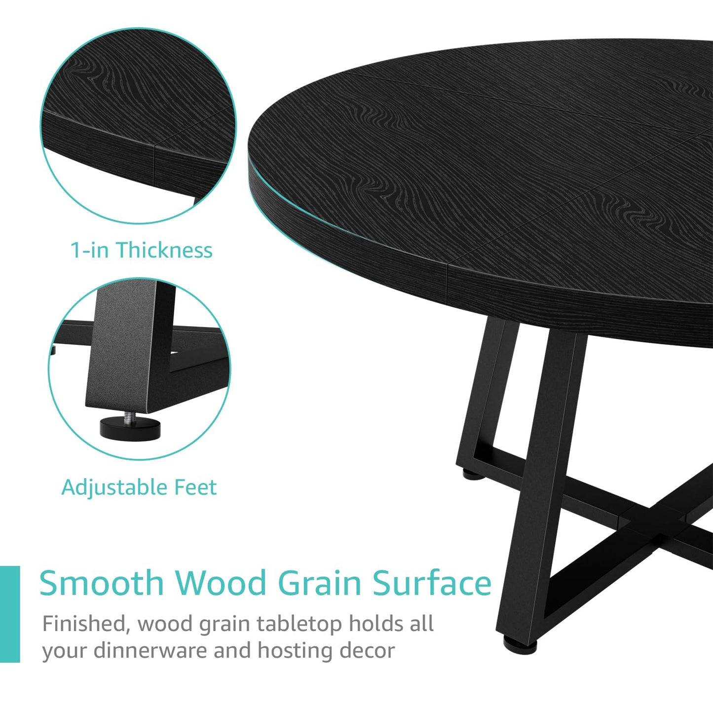 NUTIKAS 42 Inch Round Dining Table for 4, Modern Black Wood Grain Kitchen Table with Cross Metal Legs, Circular Industrial Dinner Table for Small Spaces, Breakfast Nook, Apartment, Office