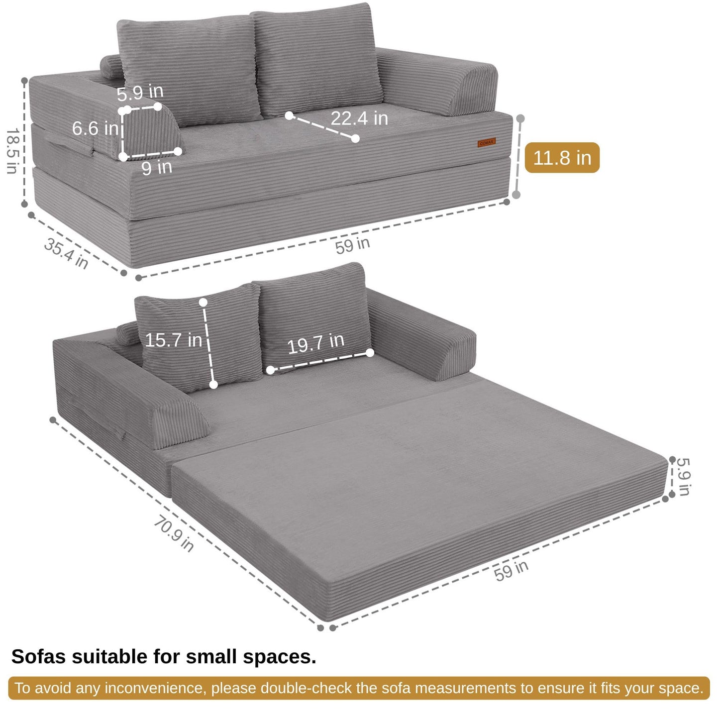 COMAX Convertible Sofa Bed, Folding Floor Couch Corduroy Fold Out Couch Bed Futon Sleeper Mattress with Pillows, Boneless Sofa Comfy Lounge Loveseat for Living Room Bedroom, Light Grey