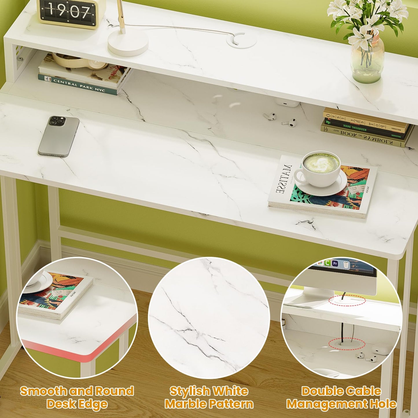 Gezen Folding Desk with Storage Shelf, Mobile Couch Desk Sofa Side Table Bed for Home Office Small Space, White Marble, 31.5