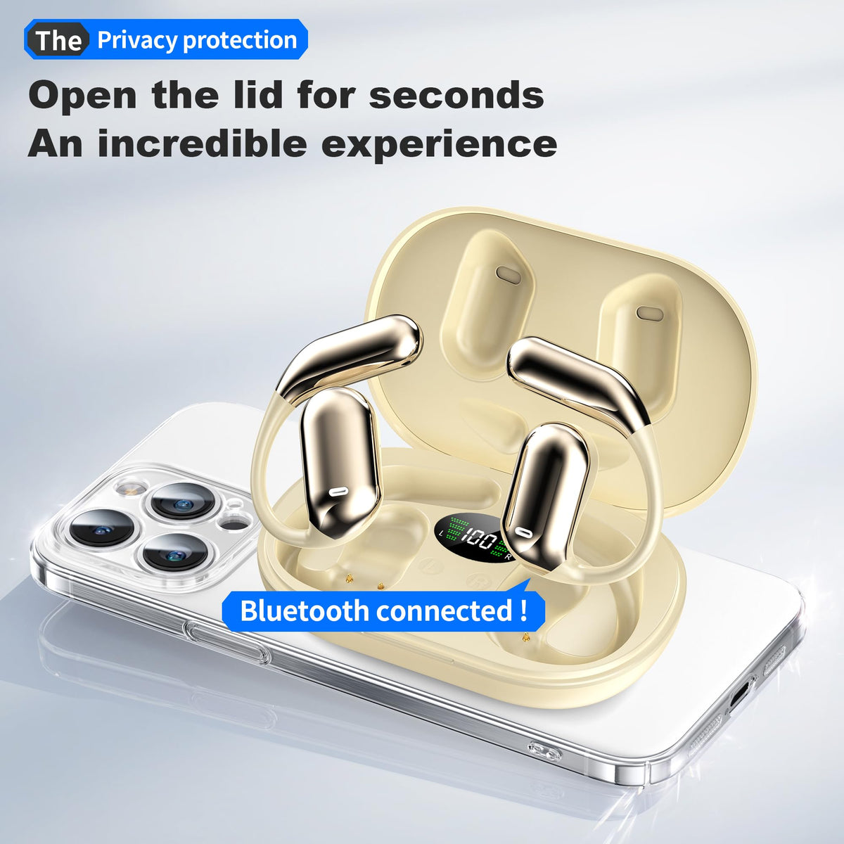 Real-Time AI Translation Earbuds, Open-Ear Audifonos Traductores Inglés Español Two-Way Translator Headphones, Bluetooth Wireless Earhooks for Business, Travel, Learning, Meetings (Oatmeal Beige)