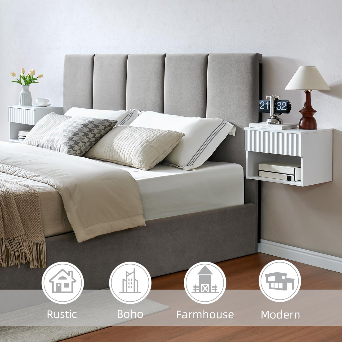 BuildHom Floating Nightstand with Fluted Drawer - Modern Wall Mounted Bedside Table with Open Storage Shelf, Small Night Stand TV Stand for Bedroom(Matte White)