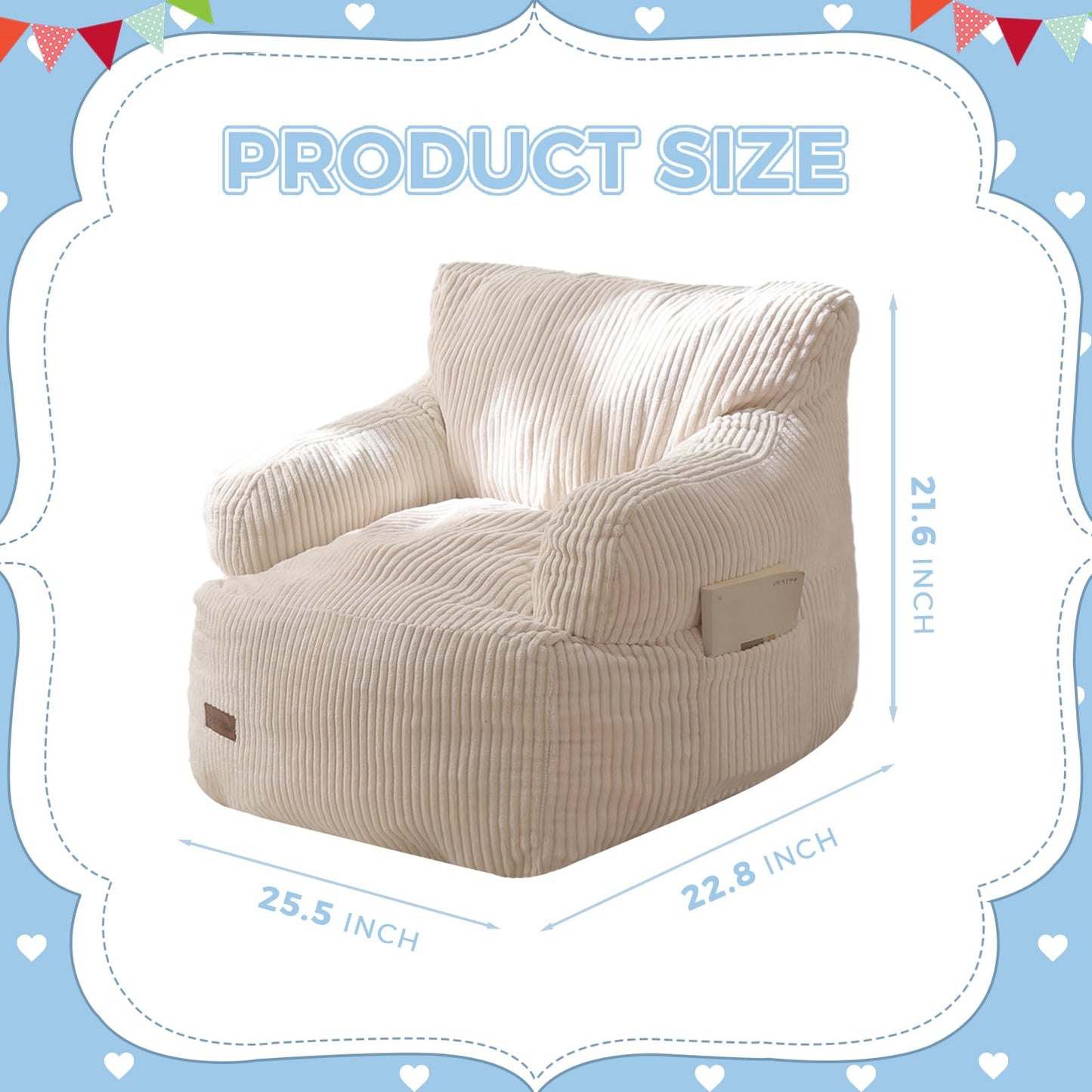 MAXYOYO Kids Bean Bag Chair, Stuffed Toddler Bean Bag Sofa with Filler Bean Bag Chair for Boys and Girls, Lazy Sofa with Pocket Floor Chair for Gaming, Reading, Beige