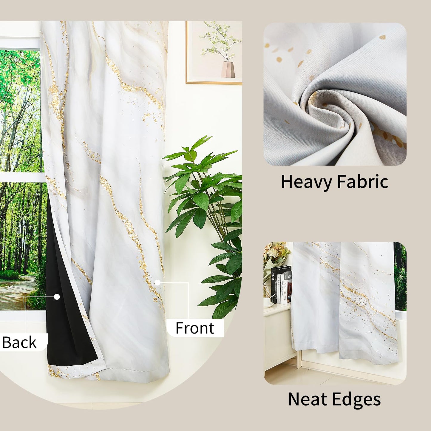 DASHAN White Gold Marble Blackout Curtains for Bedroom 84 inch Long 2 Panels Elegant Luxury Window Curtains for Living Room Grey Beige Room Darkening Curtains Window Treatment Drapes 52Wx84L