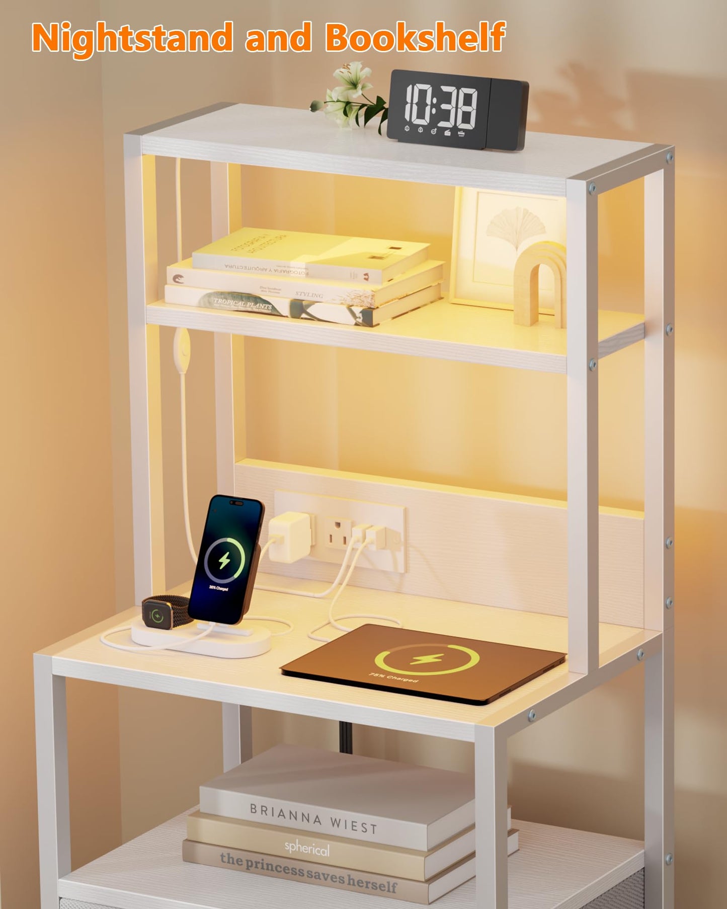 Furnulem Night Stand, Tall White Nightstand with 4-Tier Shelves, 2 PU Fabric Drawers and Led Lights, Bed Side Tables with Charging Station, Bedside Table for Bedroom
