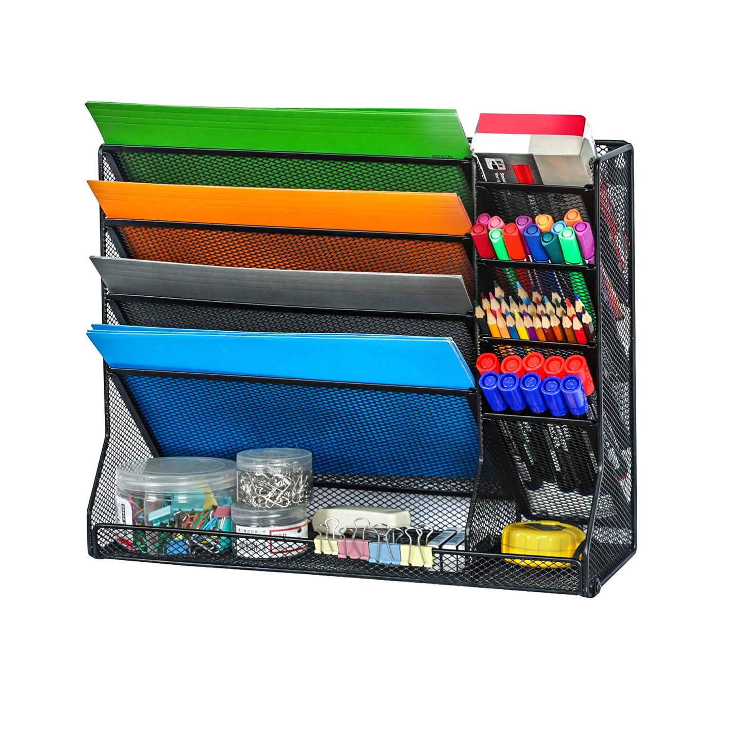 Jakyitvi File Organizer Wall Mounted, 4 Tiers Durable Adjustable Metal Desk Organizer, Desktop Hanging File Holder with 4 Pen Slots Stable, 4 Pull-Out Divider for File, Mail, Black, Patent Pending