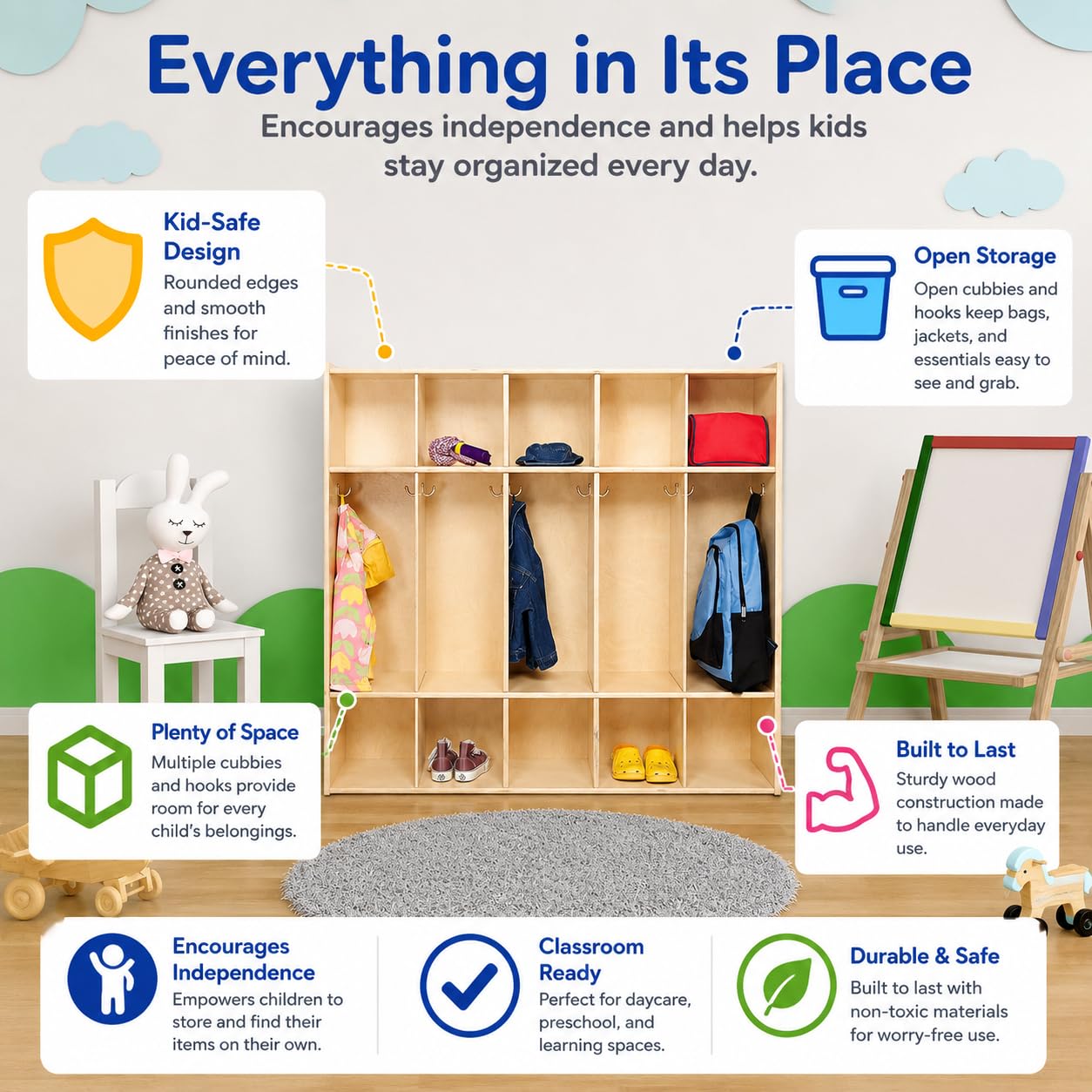 RRI Goods 5 Section Montessori Coat Locker & Backpack Hanger, School,Daycare Organizer, Wooden Furniture with Storage & Hooks for Classrooms, Kid’s Room
