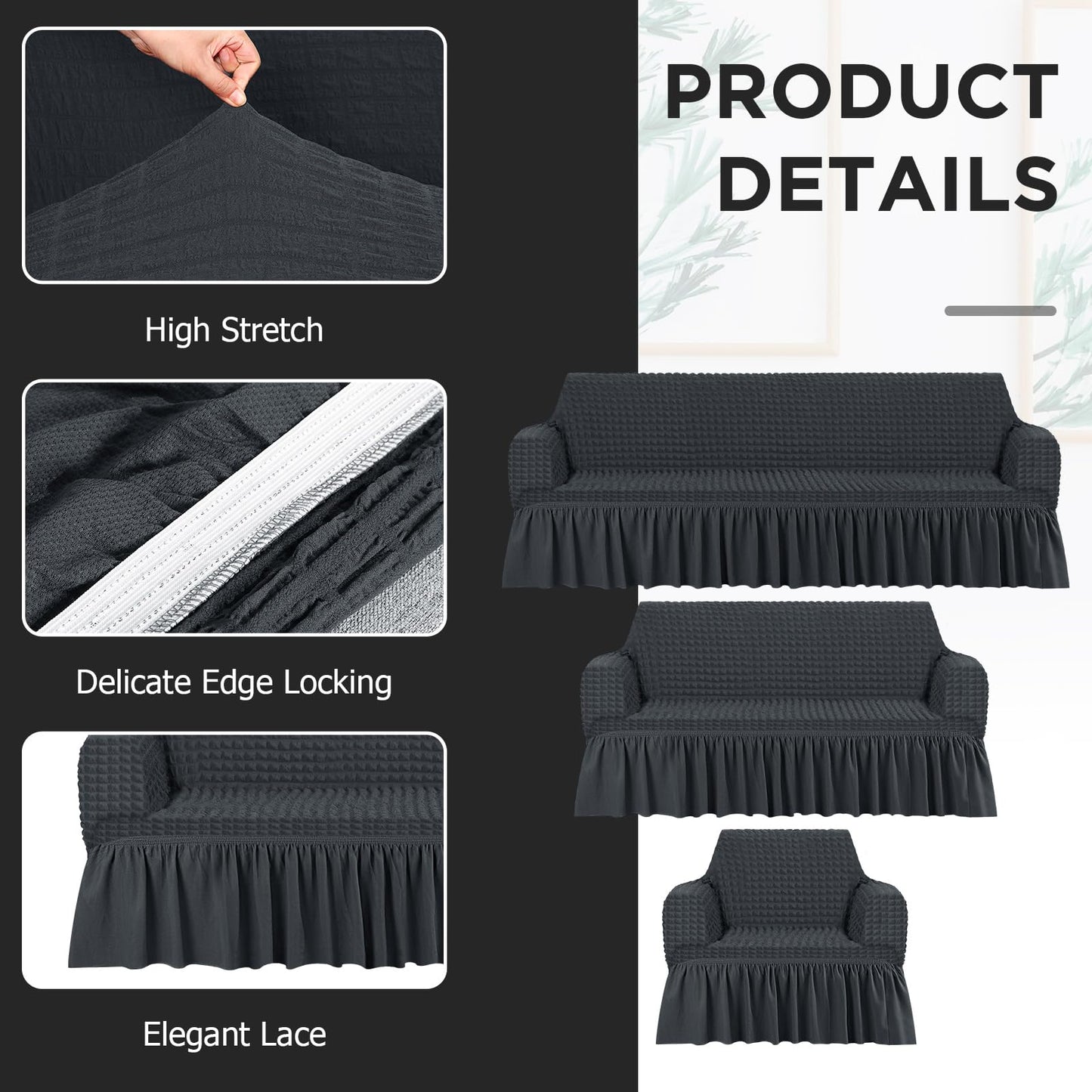 Fanfanwin 3 Pcs Sofa Slipcover Set for Couch Cushion Durable Washable High Elastic Stretchable Furniture Couch Covers with Skirt for Sofa Loveseat Arm Chair(Dark Gray,Seersucker)