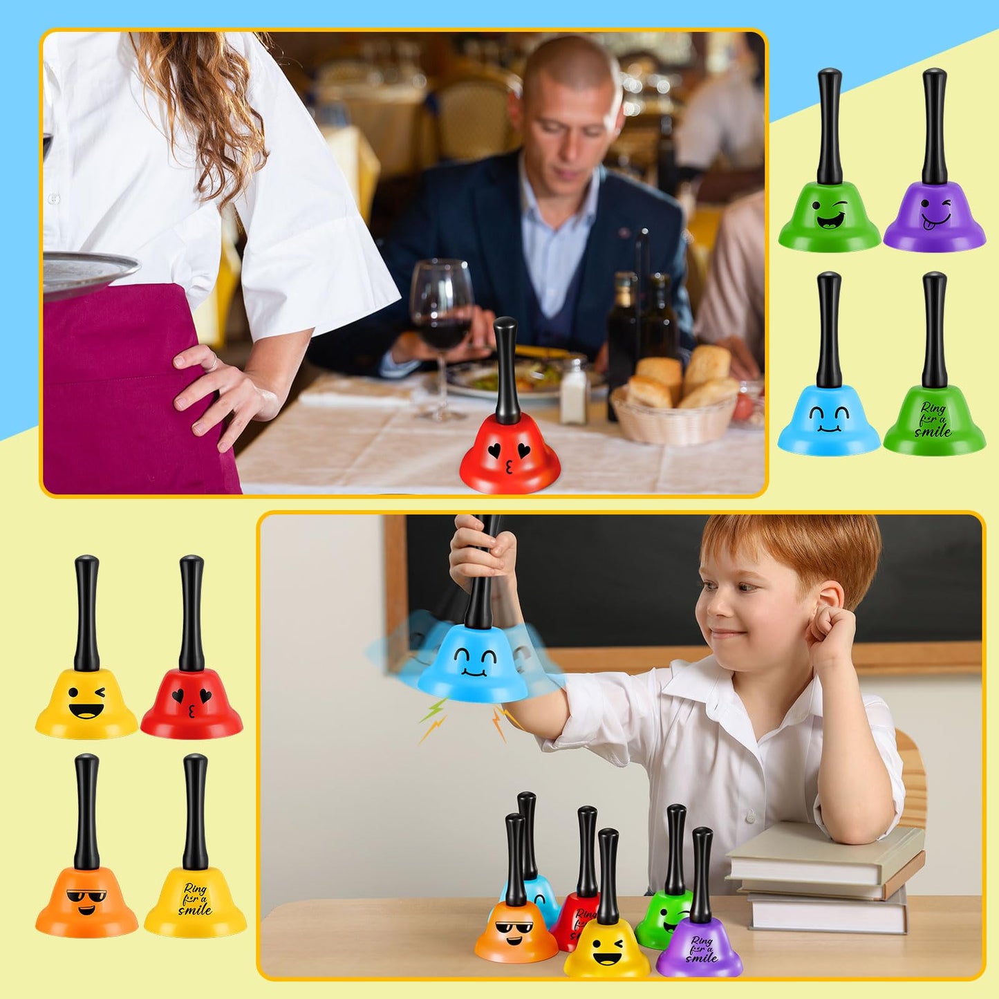 MorningRo 6 Pcs Call Bell Ring Service Hand Bell Smile Ringing for Desk Classroom Hotel Counter Reception Restaurant Food Line, Wedding Events(6 Color)