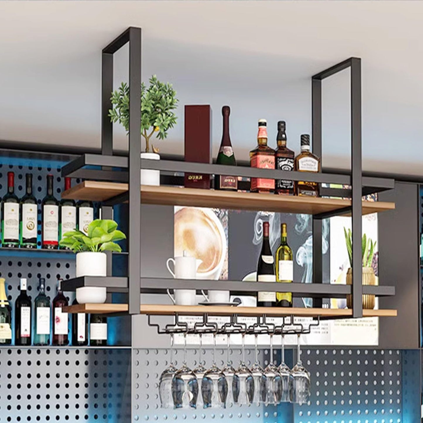 GFRWKCEX Ceiling Floating Shelves, Black Metal Frame Hanging Wine Rack, 2-Layer Wall Mounted Wine Glass Rack, Decoration Wine Storage Holder for Bar Cafe Kitchen(80x30x80cm)
