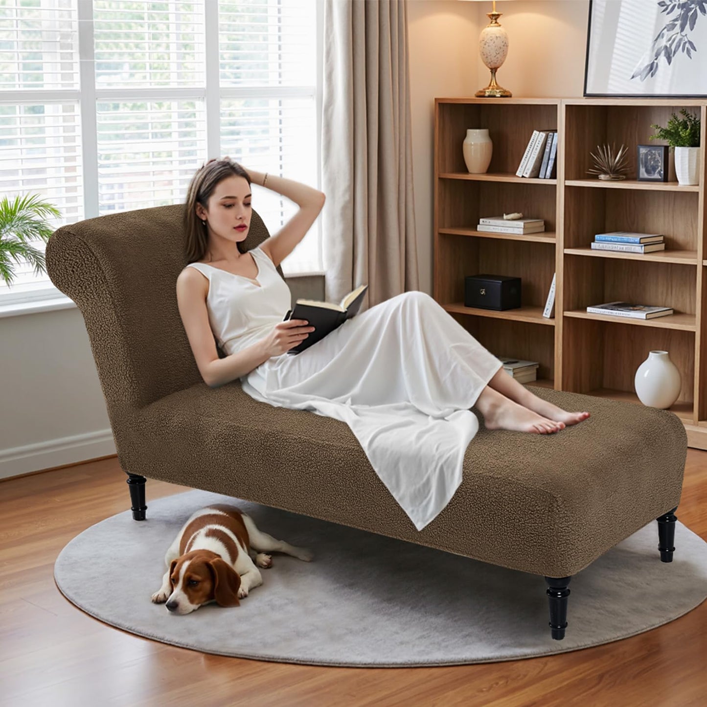 Teddy Wool Chaise Lounge Cover Indoor Armless Chaise Slipcover Luxury Elegance Lounge Chair Cover Ultra Soft Stretch Machine Washable Chair Covers for Living Room Bedroom Furniture, Brown