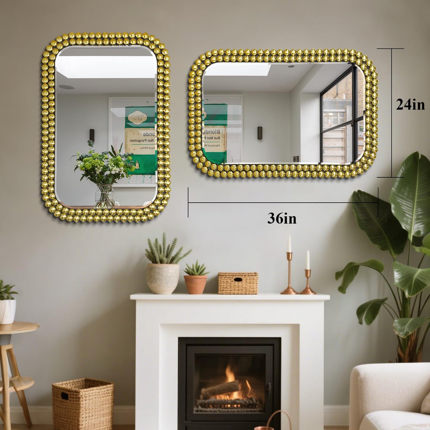 Scoffee Wall Mount Bathroom Mirror Beaded Framed Baroque Decorative Vanity Mirror Rounded Corner Rectangle Mirror for Wall,Over Sink，Bedroom