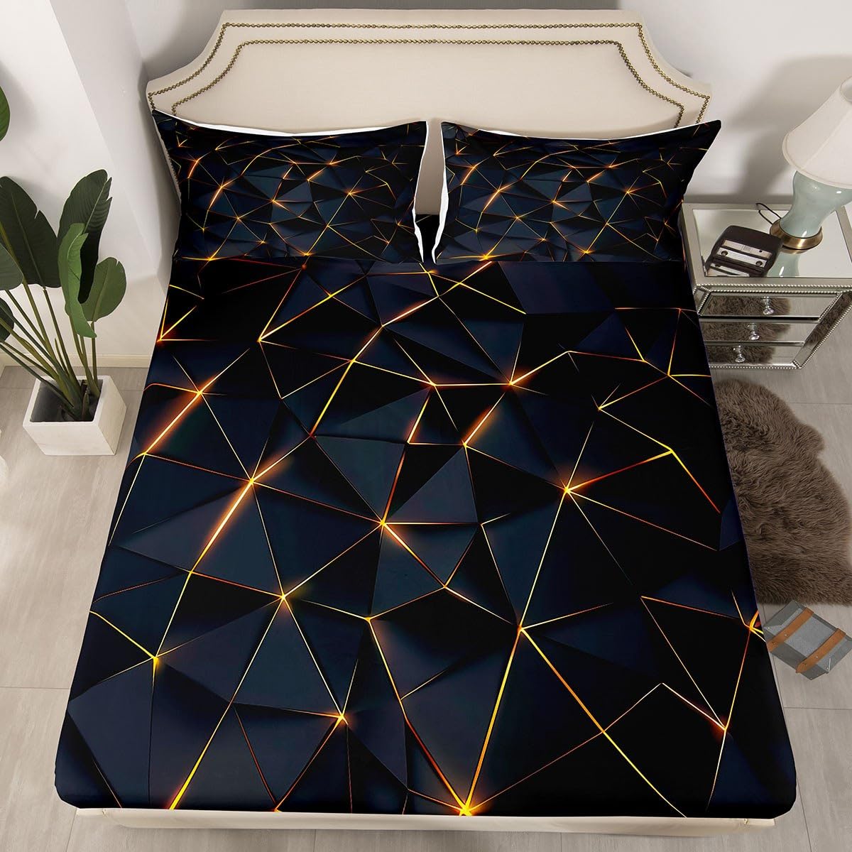Feelyou Honeycomb Sheet Set Twin Size,Geometric Stereoscopic Theme Teens Boys Bedding Set,Adults Bedroom Decoration 3D Black Gold Print Fitted Sheet All Season